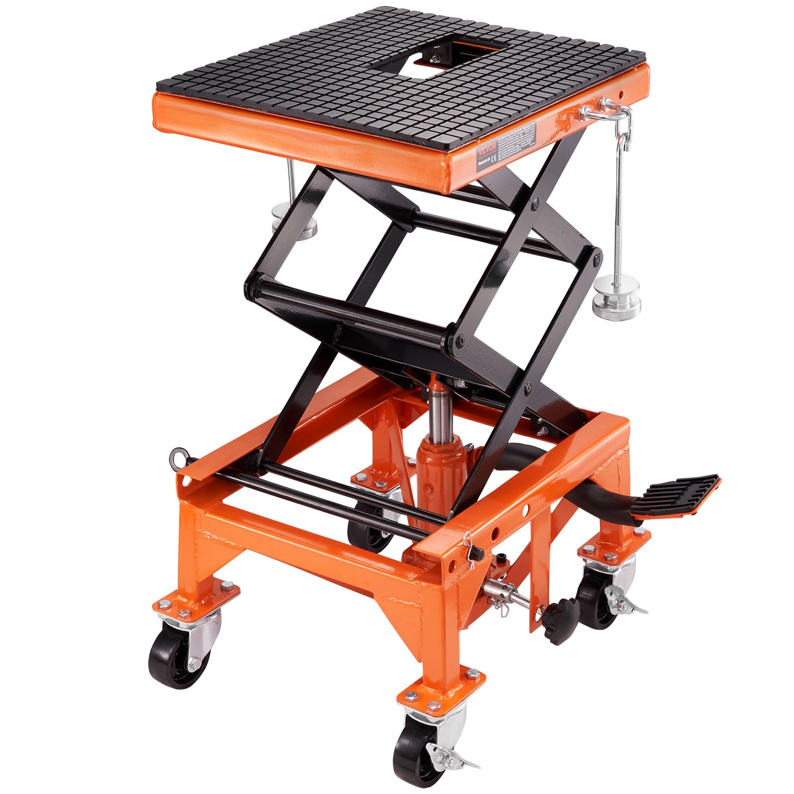 VEVOR Hydraulic Motorcycle Lift Jack Table, 350 LBS Foot-Operated Motorcycle Scissor Jack Lift with Wide Deck, J-Hooks, ATV Dirt