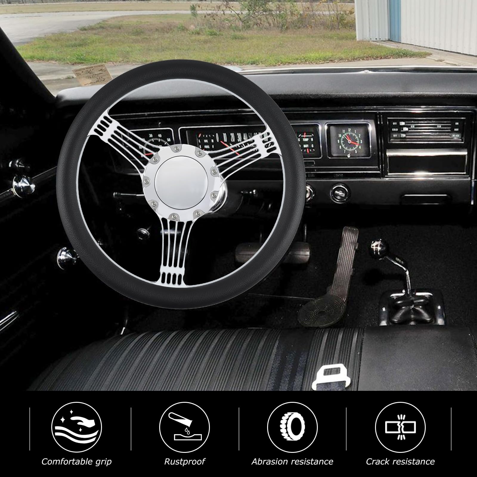 QYMOPAY 9 Bolt Disc Steering Wheel, 14'''' Leather billet steering wheel, fits most 1967-94 9 hole Car Steering Wheels