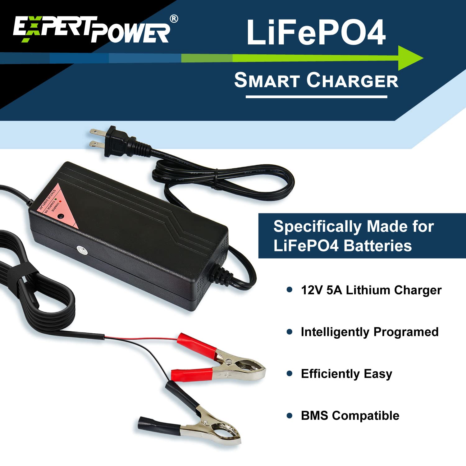 Expertpower 12V 5A Smart Charger For Lithium Lifepo4 Deep Cycle Rechargeable Batteries