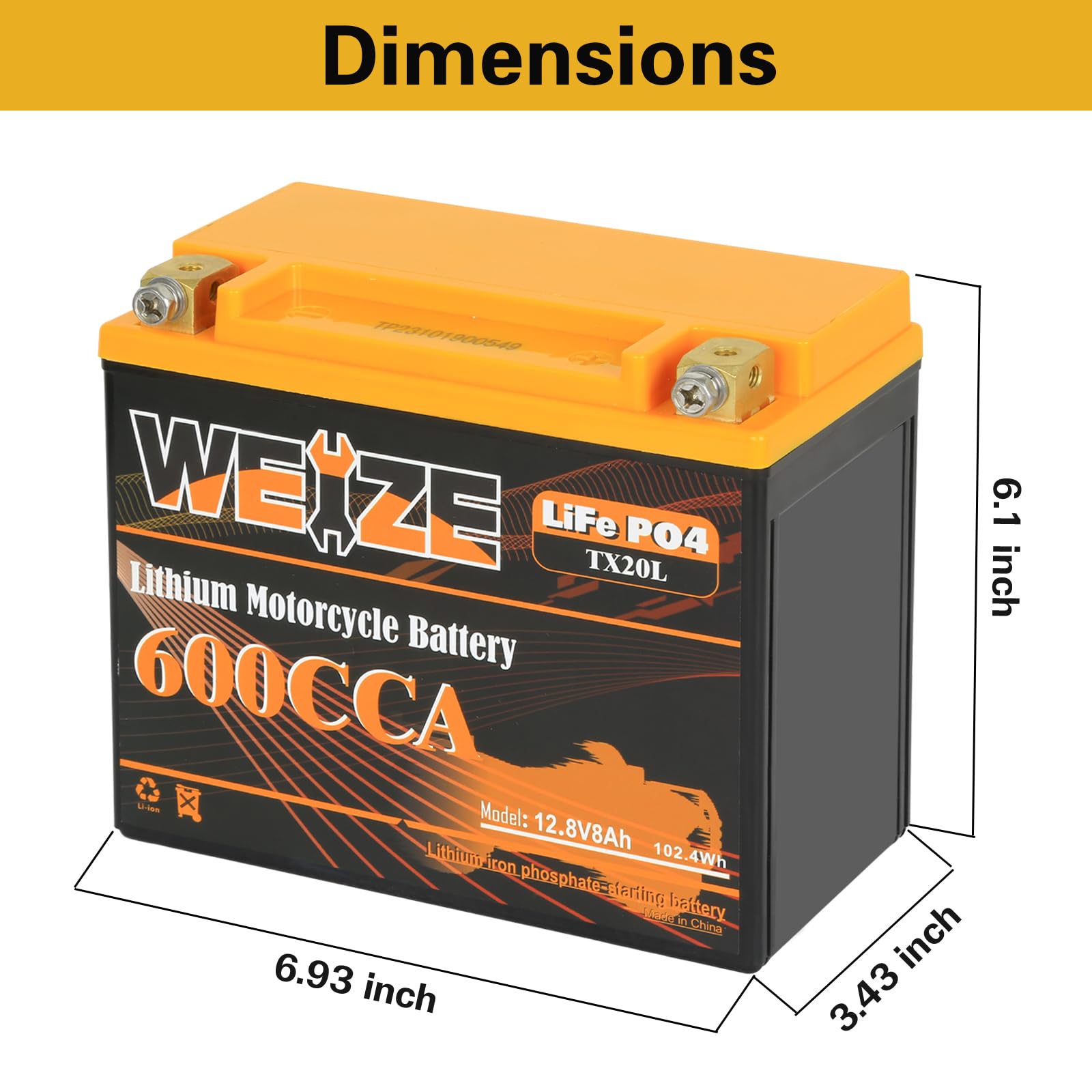 Weize Lithium Ytx20L-Bs, Group 20, 600A Lifepo4 Motorcycle Battery, 12V 8Ah Atv, Utv, Jet Ski, 4 Wheeler, Snowmobile, Personal W