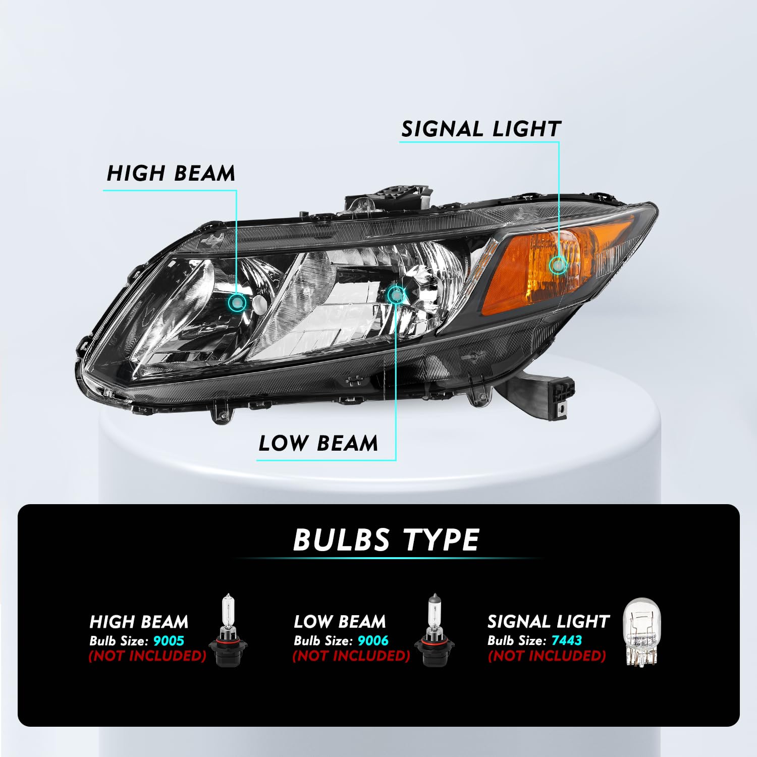 Tusdar Headlight Assembly Replacement For 2012-2015 Honda Civic 4-Door Sedan / 2012-2013 Honda Civic 2-Door Coupe Halogen Headlamp Oe Style Head Light, Passenger & Driver Side