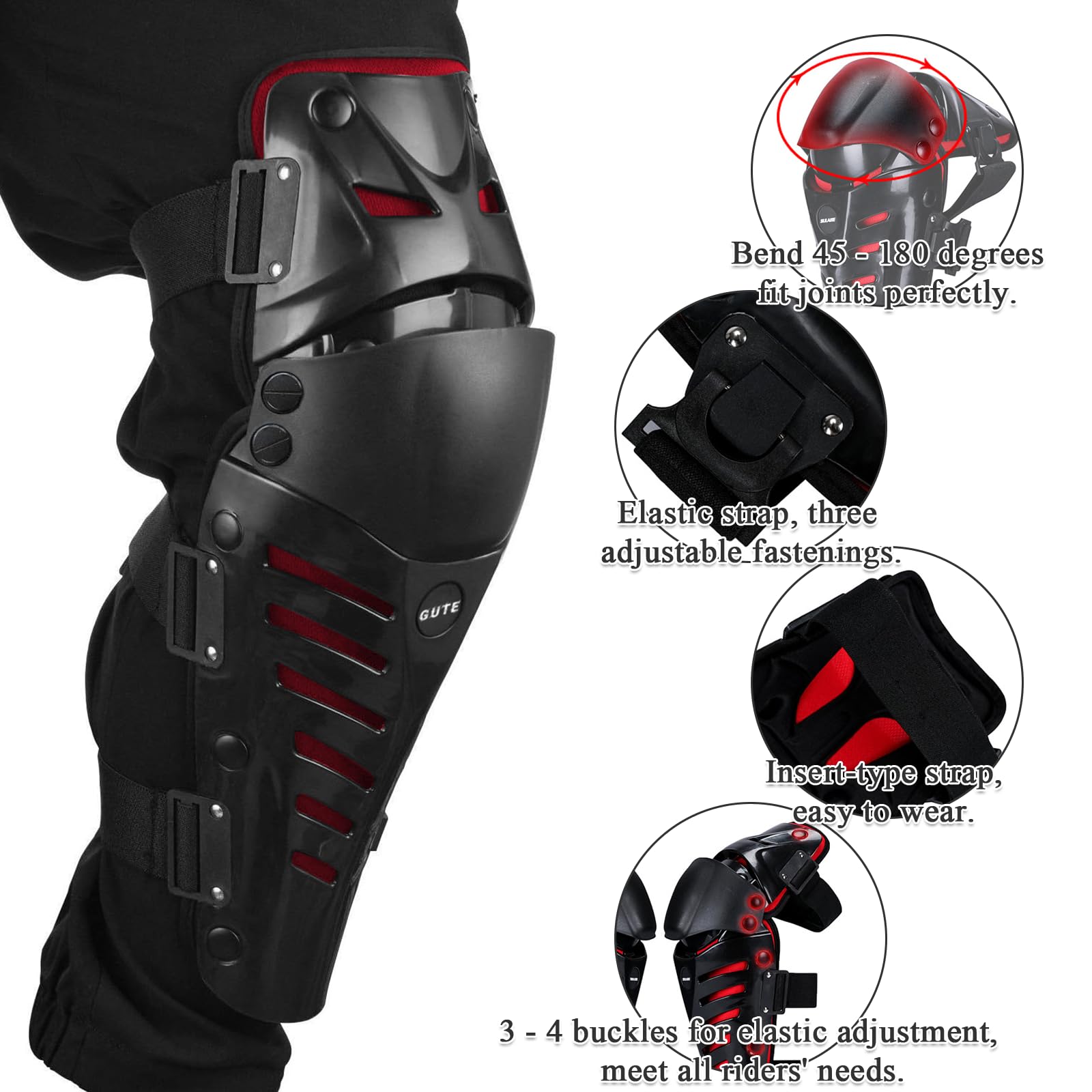 Gute Knee Pads,Adjustable Long Leg Sleeve Gear Crashproof Nonslip Protective Shin Guards for Motorcycle Mountain Biking-Red