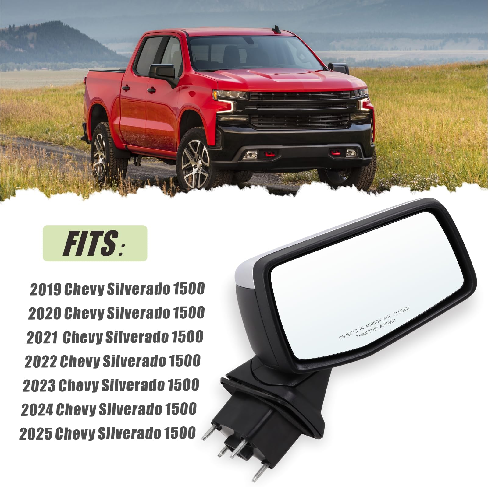 Lqito Right Passenger Side Mirror Compatible with 2019-2025 chevy Silverado 1500 Power Glass Manual Folding With Temperature Sen