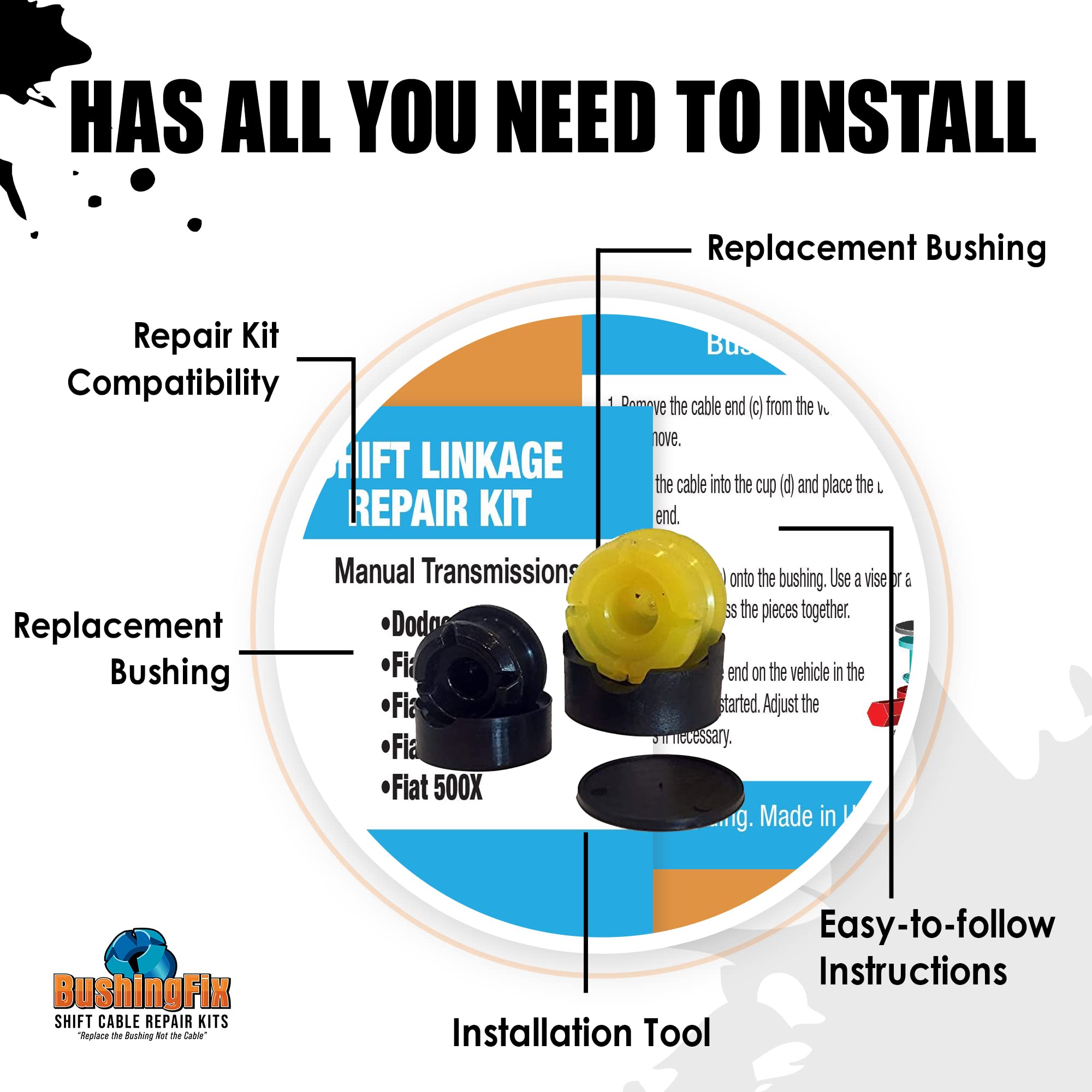 BushingFix FM1KIT Transmission Shift Cable Bushing Repair Kit, Shifter Cable Kit Fits Select Fiat, Jeep, and Mini Models, Manual