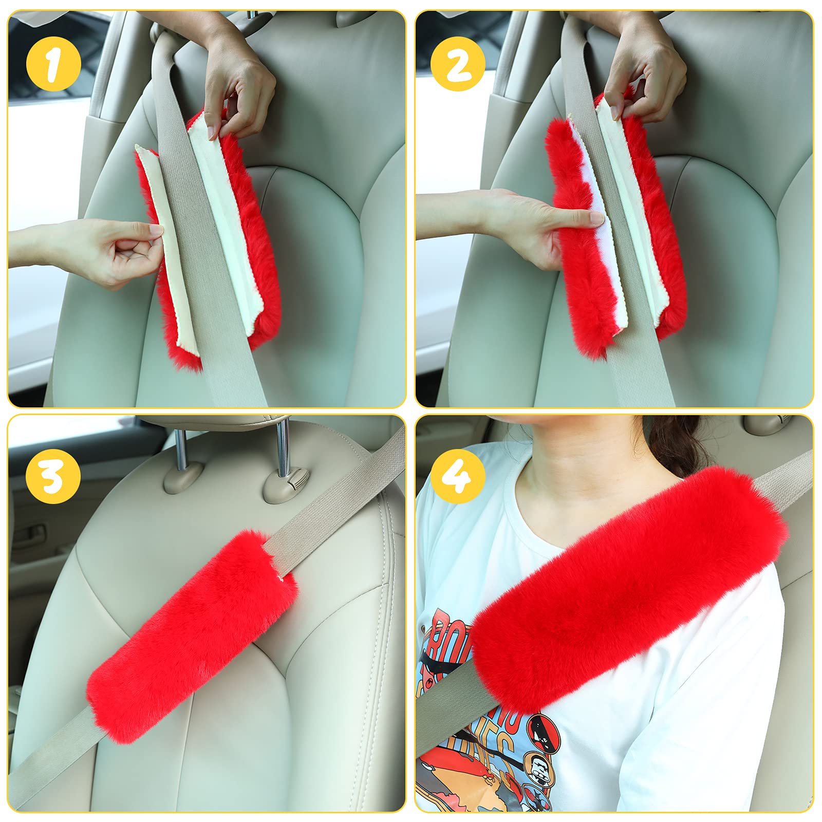 Boao 4 Pack Faux Sheepskin Car Seat Belt Pads Seatbelt Protector Soft Seat Belt Shoulder Strap Cover Comfort Harness Pad(Red, 9.