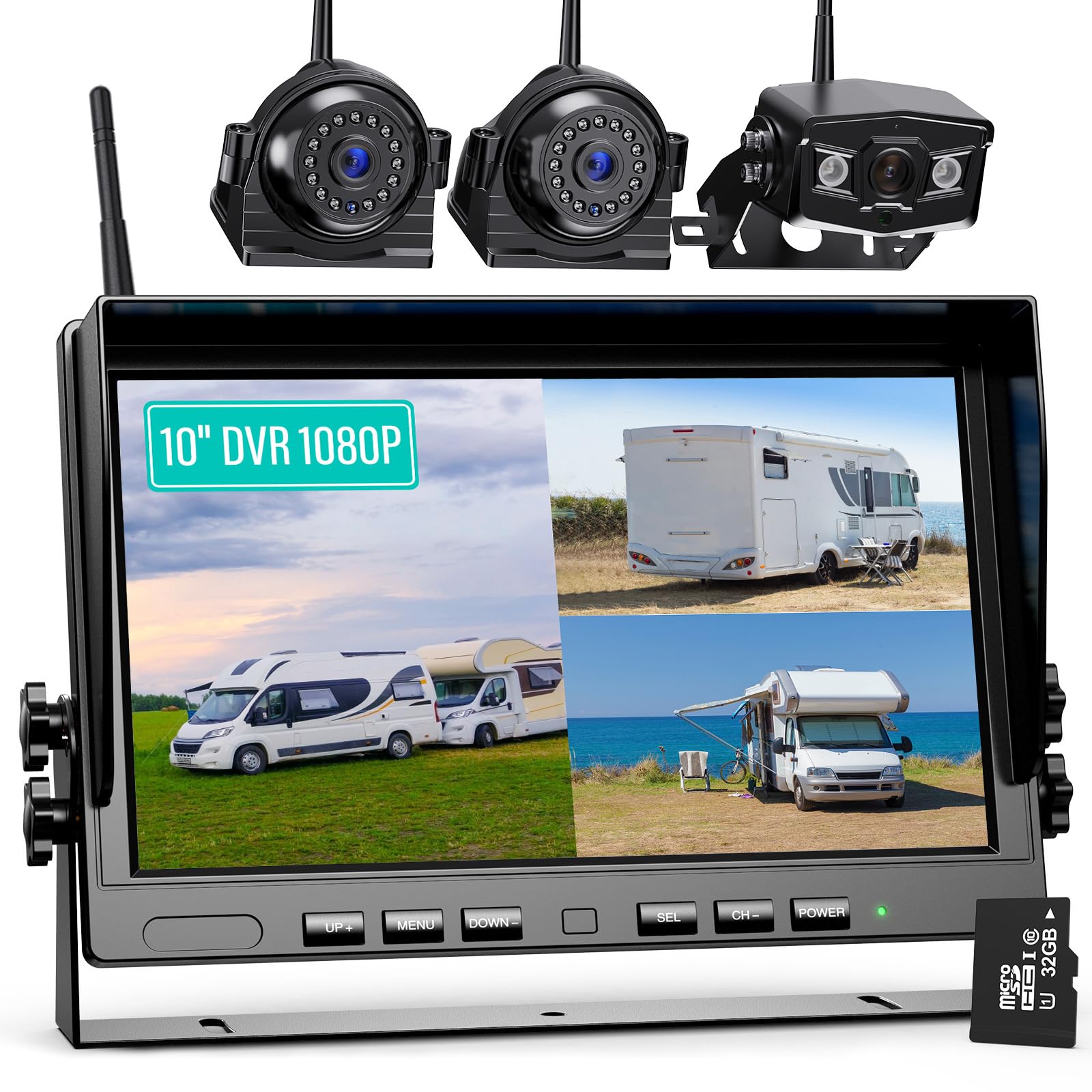 Nuoenx 10'' Wireless Backup Camera System For Truck, Hd 1080P Digital Back Up Camera System With 10 Inch Quad Split Loop Recordi