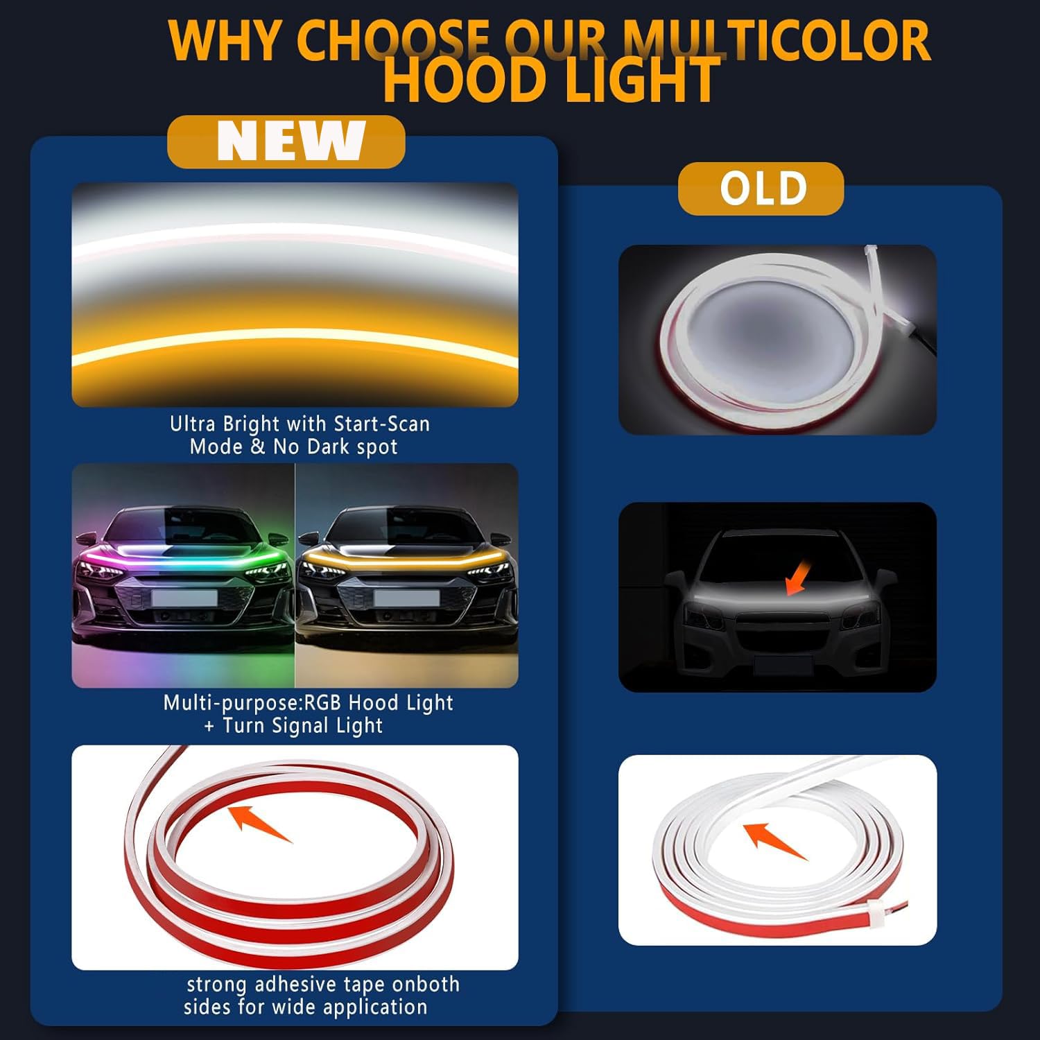Hconce 79 Inches Rgb Multicolor Dynamic Scanning Starter Hood Lights, Car Led Hood Light Strip, Exterior Flexible Headlight Wate