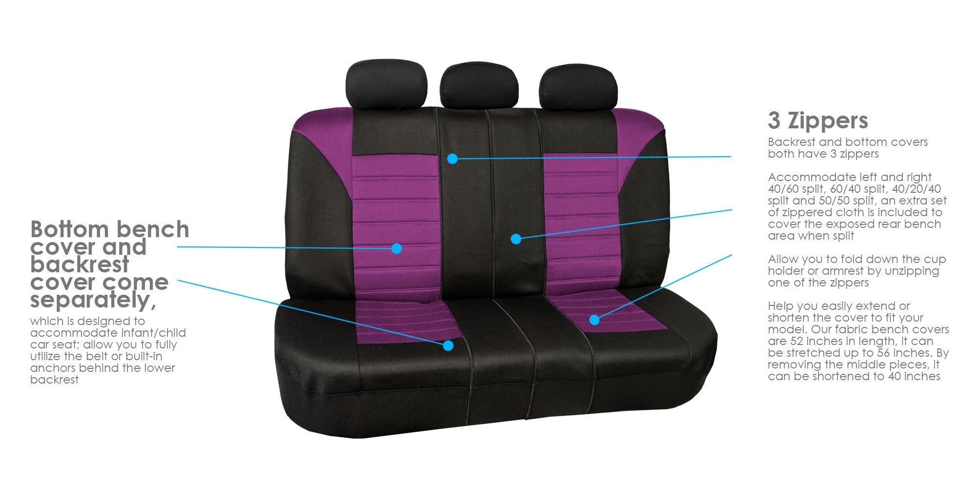 Fh Group Automotive Car Seat Covers Full Set Premium 3D Air Mesh Purple And Black Seat Covers, Airbag Compatible And Split Bench