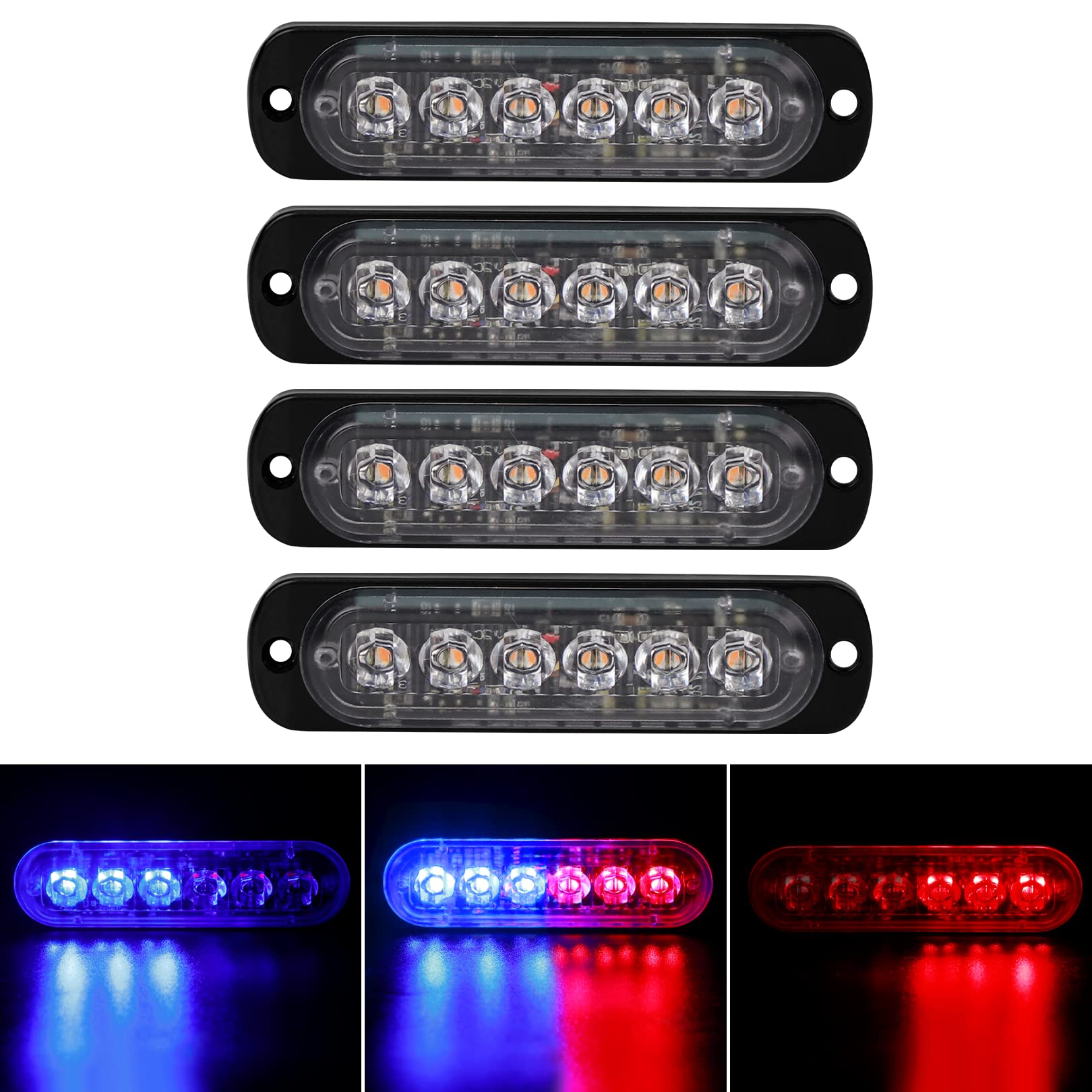 4-Pack 6 Led Strobe Lights Vehicles Trucks Emergency Strobe Lights Kit 12V -24V Warning Hazard Flash Strobe Lights Bar Grill Gri