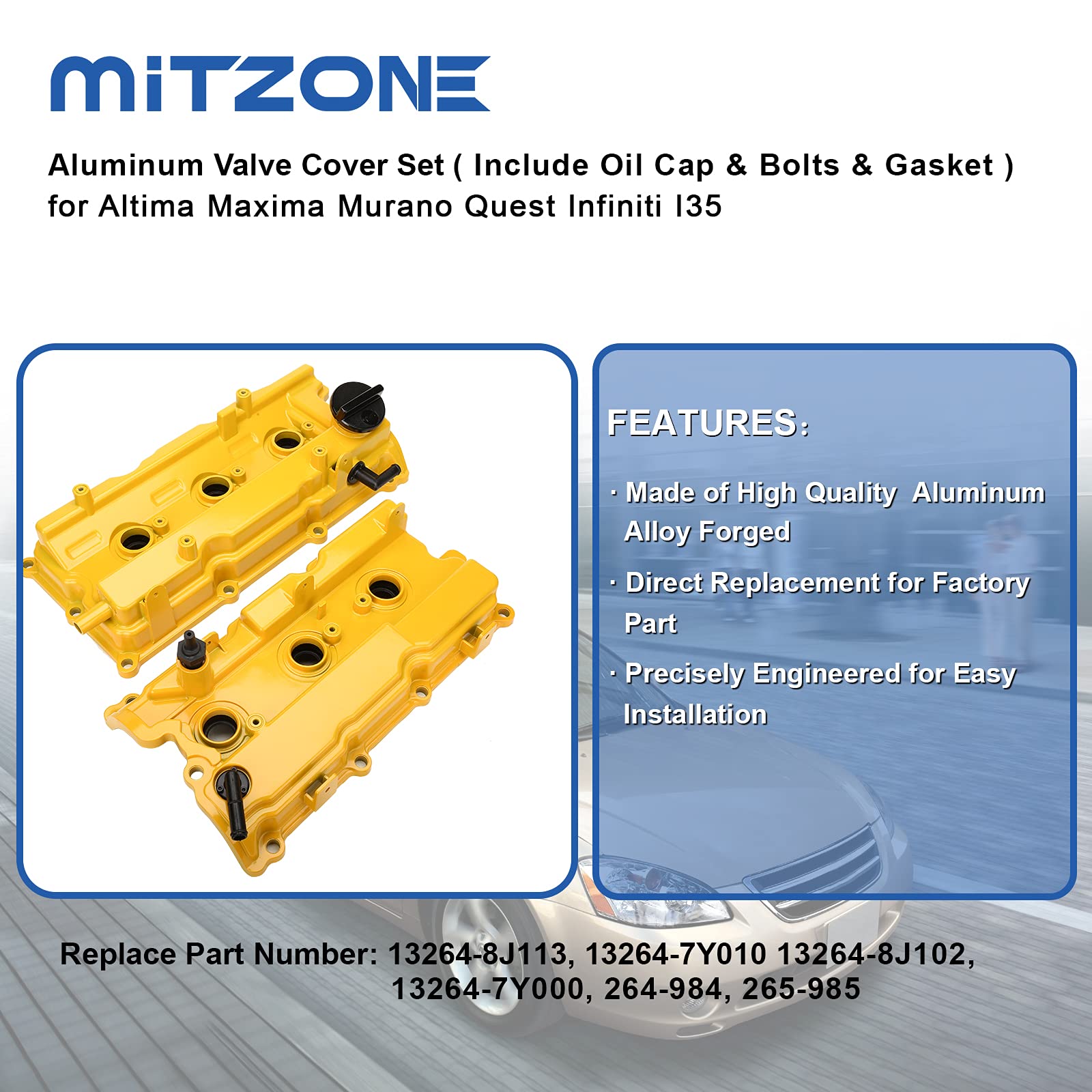 Mitzone Upgrade Aluminum Valve Covers (Yellow) Front& Rear Compatible With 2002-2009 Nissan Altima Maxima Murano Quest Infiniti