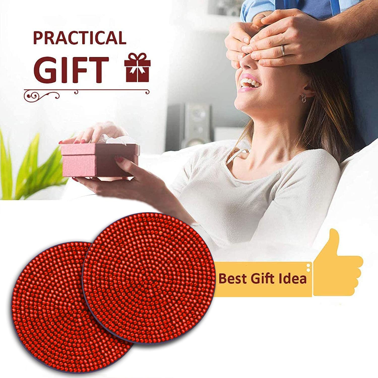 4Pcs Bling Cup Holder Insert Coaster- 2.75 Inch Silicone Anti-Slip Shockproof, Universal Fashion Car Interior Accessories For Women (Red)