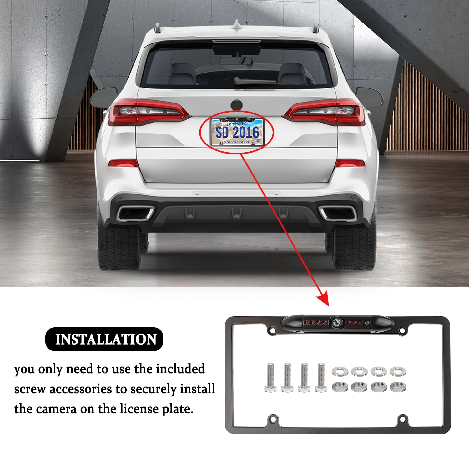 License Plate Backup Camera,Hd Night Vision Reverse Camera With 8 Led,170Wide Angle Waterproof Rear View Camera,Heavy Duty Rever