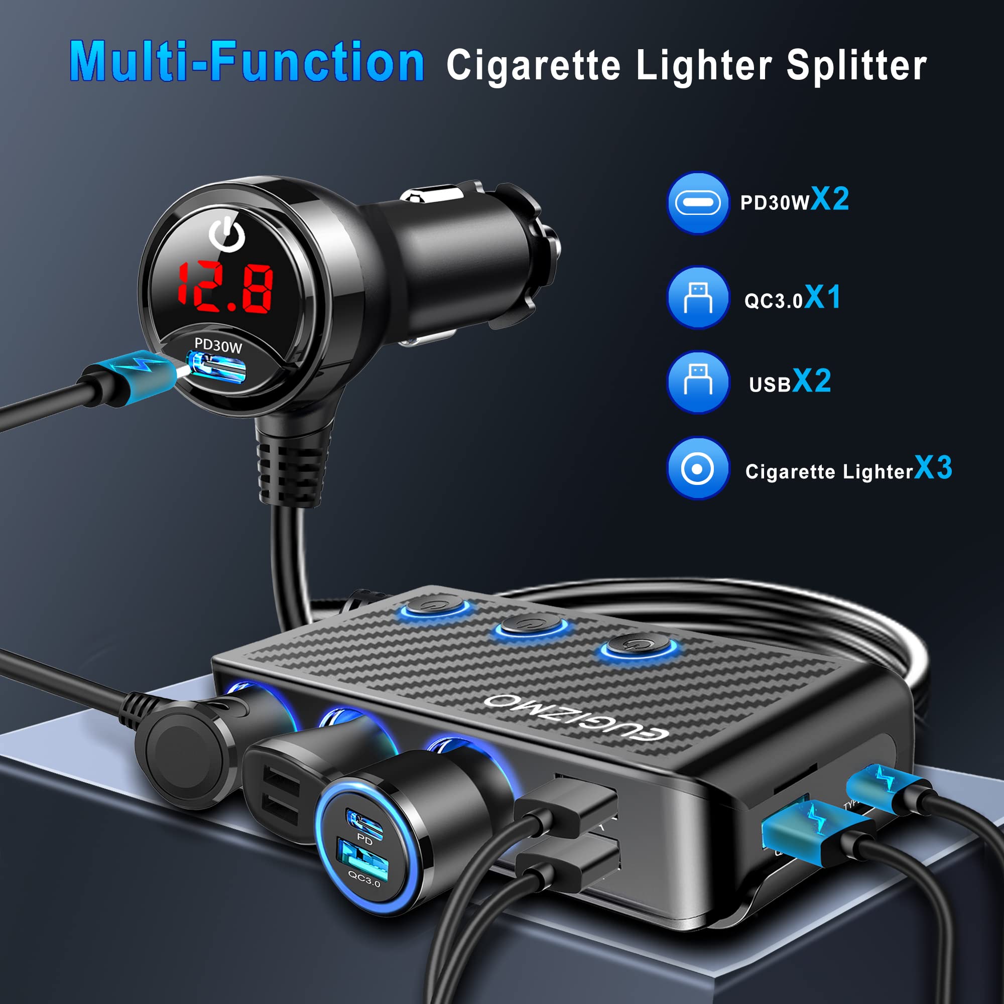 Eugizmo Cigarette Lighter Splitter Adapter, 222W 3 Socket Car Cigarette Lighter Plug Splitter Usb Charger Multi Port 12V Car Plug Outlet Splitter With Led Voltage Display Independent Switches