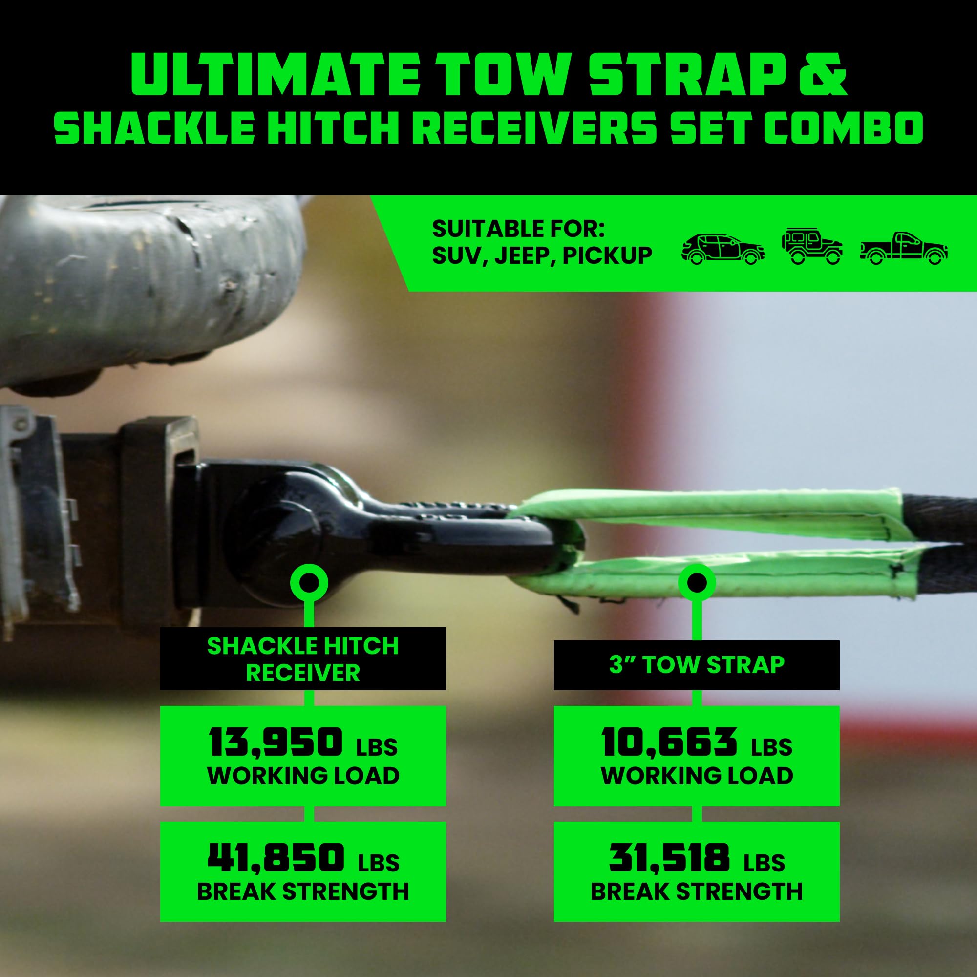 Rhino USA Heavy-Duty Recovery Gear Combos Off-Road Truck Vehicle Recovery, Best Offroad Towing Accessories (30' Strap + Shackle