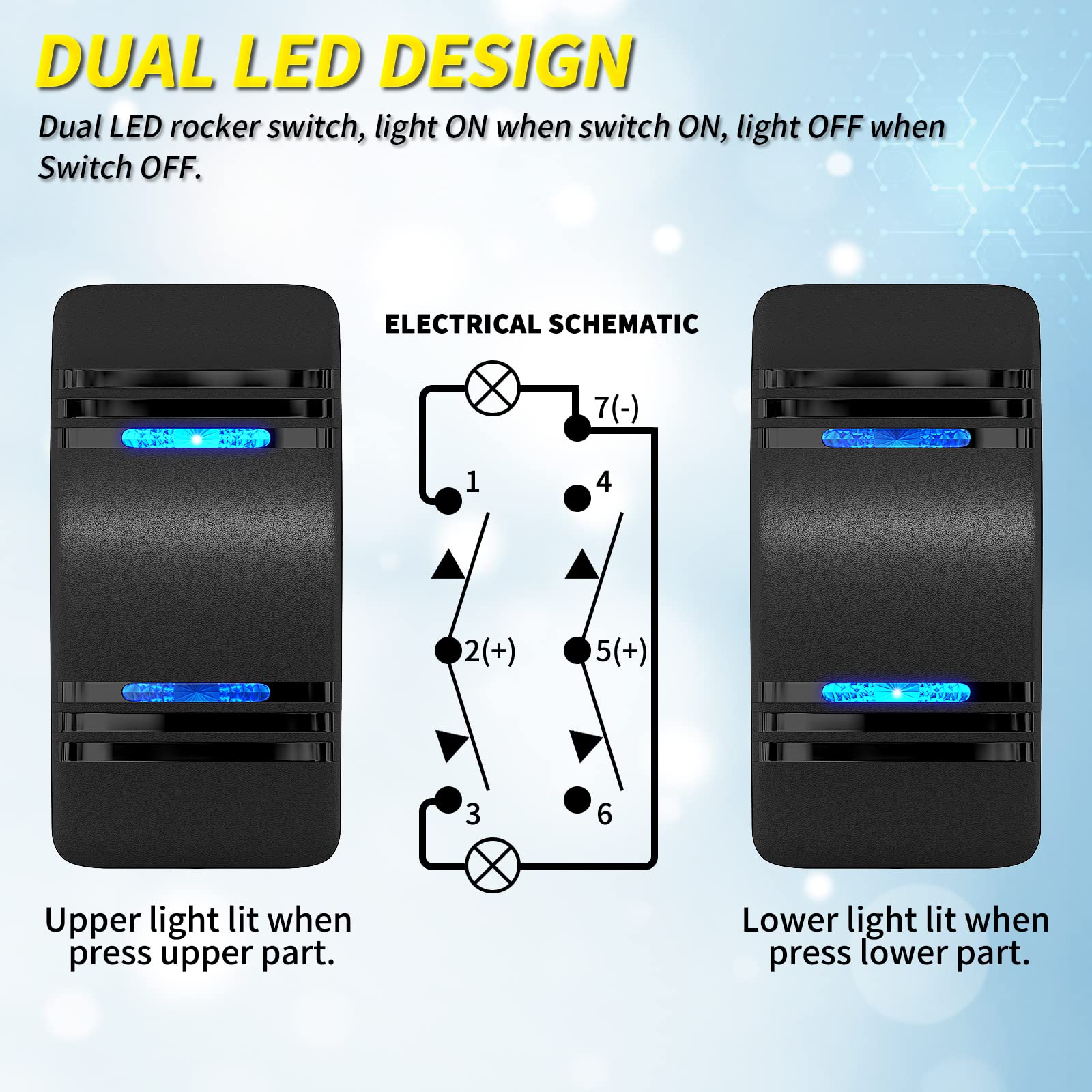 Joinfworld Momentary Rocker Switch Waterproof (ON)-Off-(ON) 3 Position Rocker Switch 12V 20A DPDT 7 Pin Blue LED Boat Switch Tog