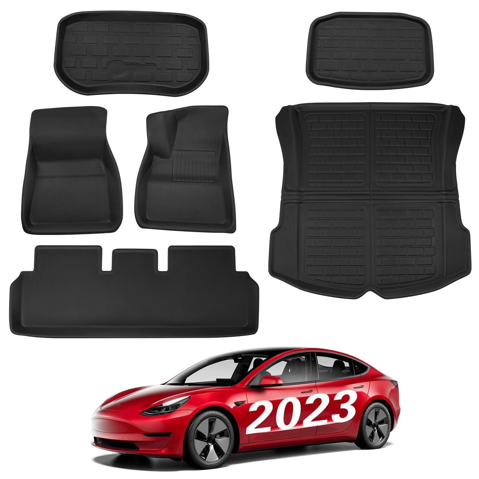 Basenor 6Pcs Floor Mats For Tesla Model 3 All-Weather Full Set Mats Anti-Slip Cargo Liner 3D Rear Cargo Tray Trunk Mat Car Mats