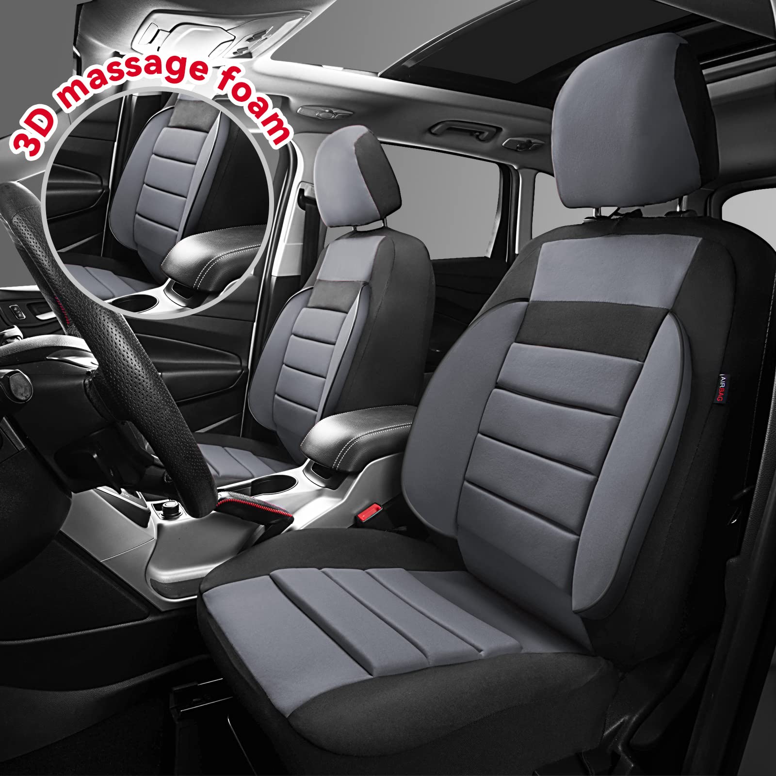 Car Pass 6Pcs Elegance Universal Fit Two Front Car Seat Covers Set ,Foam Back Support,Airbag Compatible,Fit For Suvs,Sedans,Cars(Black With Gray)