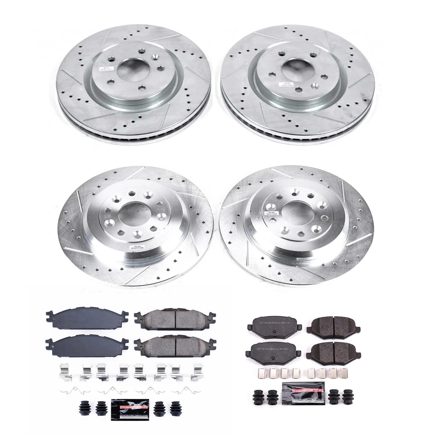 Power Stop K5584 Front and Rear Z23 Carbon Fiber Brake Pads with [12.8 inch] Drilled and Slotted Brake Rotors Brake Kit For 2012