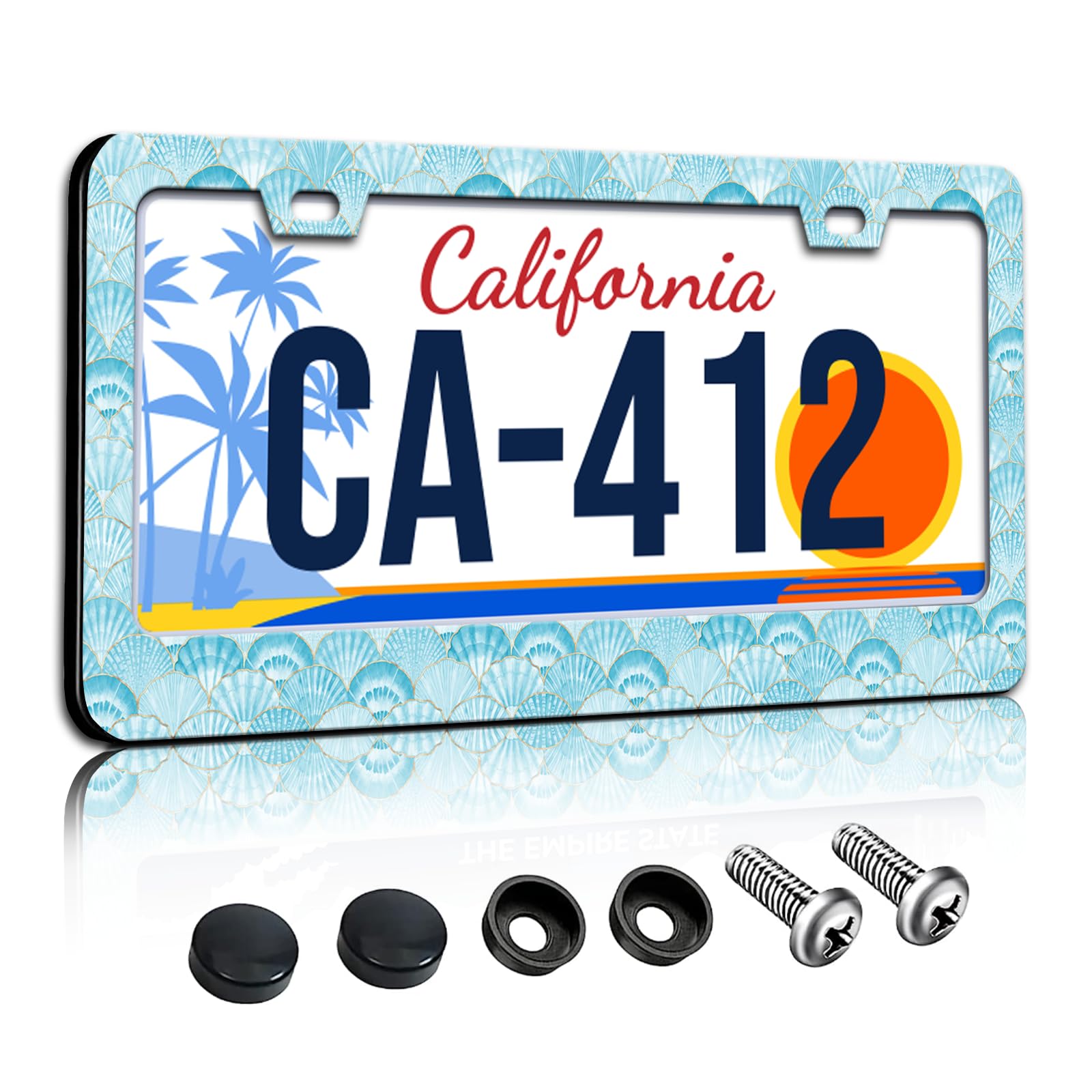 Blue Shell License Plate Frames Watercolor Sea Shells License Plate Holder for Car Decor Parts Personalized Stainless Steel Lice