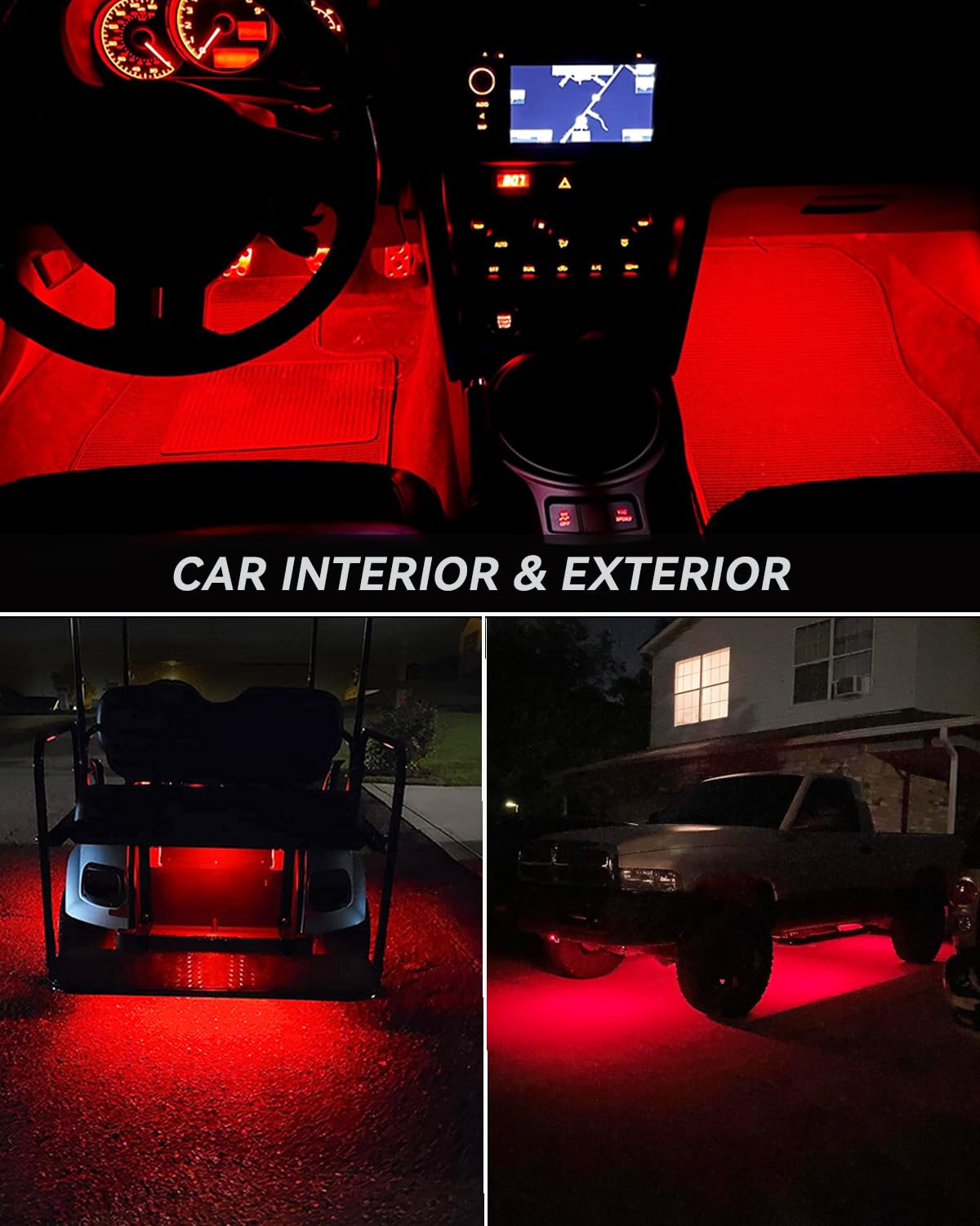 Car Led Strip Lights 24' Connectable Red 12V Led Light Strip For Cars Golf Cart Boat Marine Motorcycle Interior & Exterior Waterproof Led Strip, 4Pack