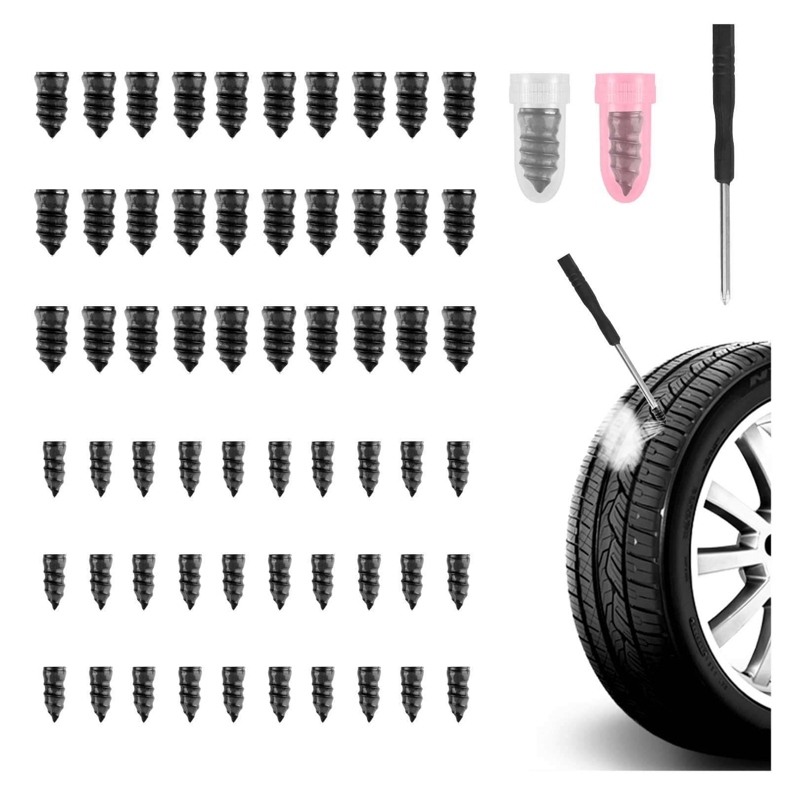 YGDMD 60PCS Tire Plug Kit,Self-Service Flat Tire Repair Kit Including Screwdriver,Upgraded Thickened Adhesive-Covered Tires Repa