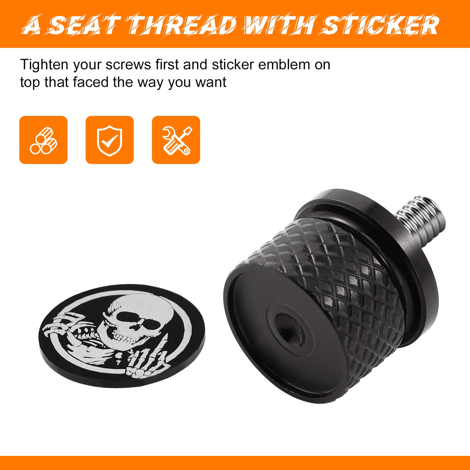 Eumti Stainless Knurled Fender Rear Seat Bolt Screw 1/4''-20 Thread Skull Pattern Black Eyes Compatible With Harley Davidson Tou