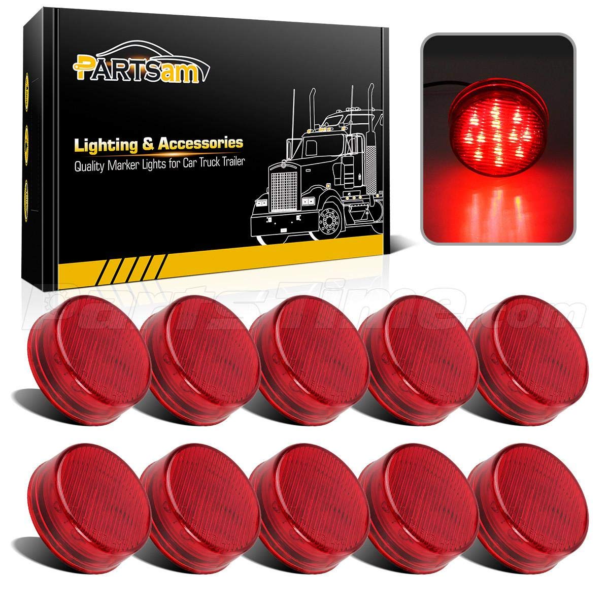 Partsam 10X 2.5 Round Red 13 Led Side Marker Clearance Lights For 12V Trailer Truck, Universal Use, Sealed Waterproof