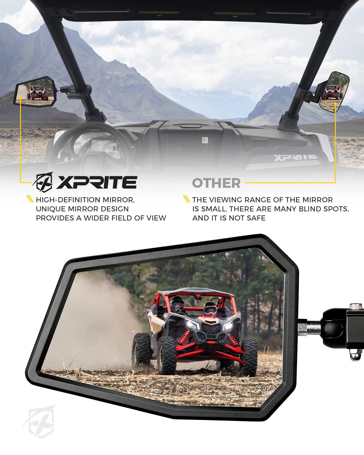 Xprite Utv Side Mirrors Fits 1.75''-2 Inch Roll Bar Cage, Heavy-Duty Aluminum Rear View Mirror Adjustable Bracket For Off-Road,