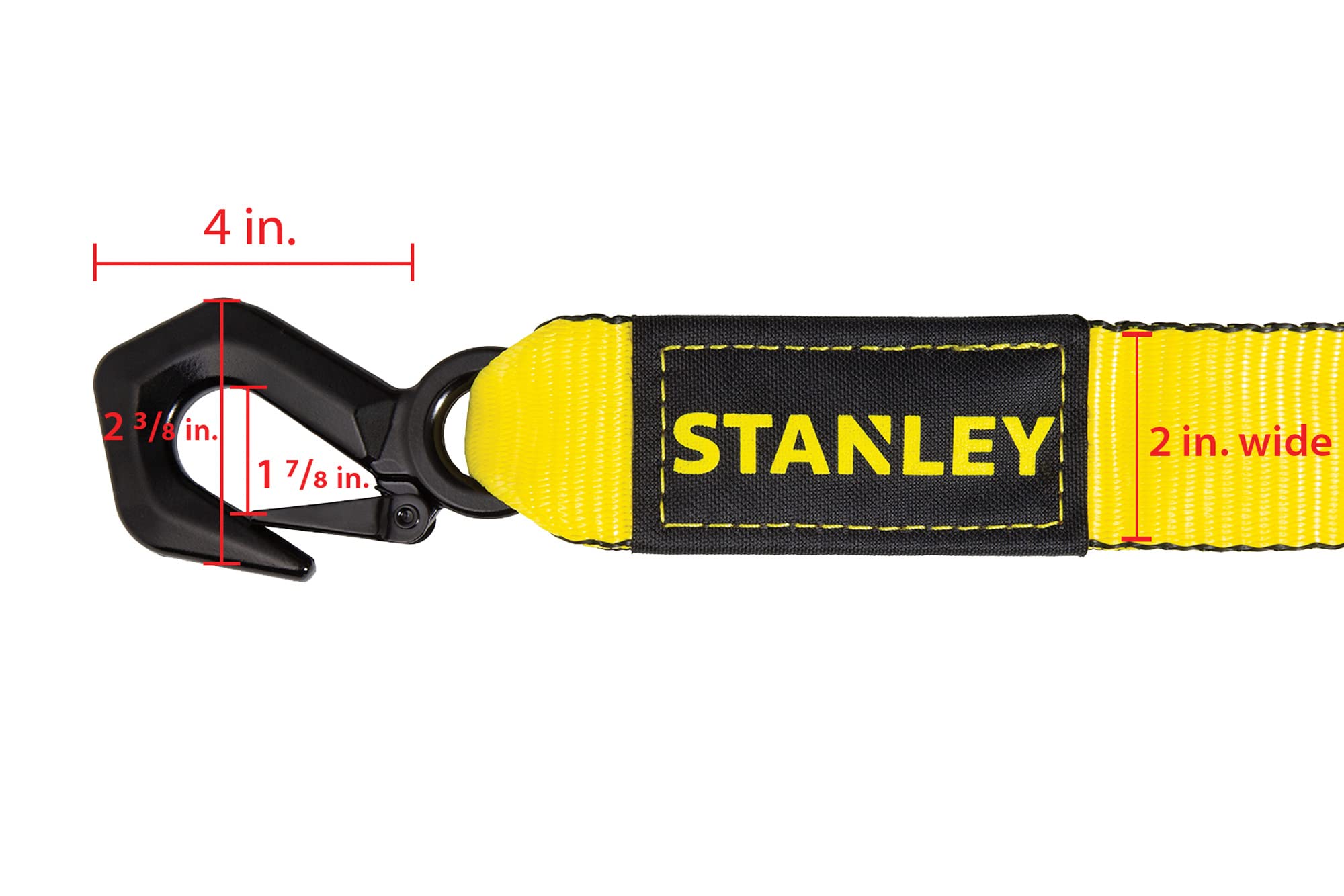 Stanley S1053 Black/Yellow 2'' X 30' Heavy-Duty Tow Strap With Black Forged Steel Hooks - 3,000 Safe Working Load / 9,000 Lb Bre