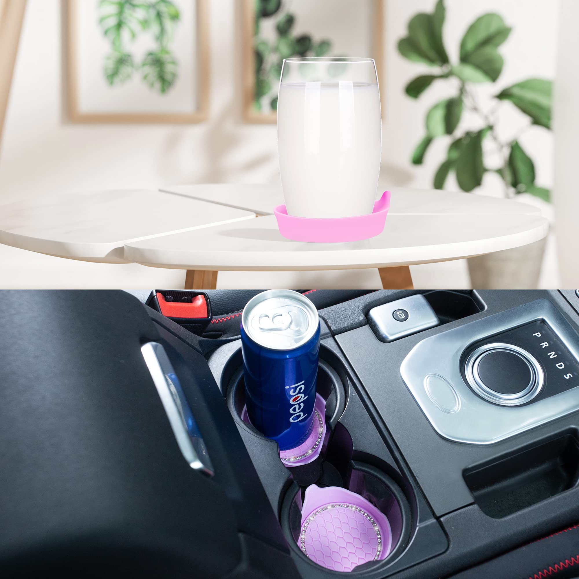 Amooca Car Cup Coaster Universal Non-Slip Cup Holders Bling Crystal Rhinestone Car Interior Accessories 4 Pack Pink
