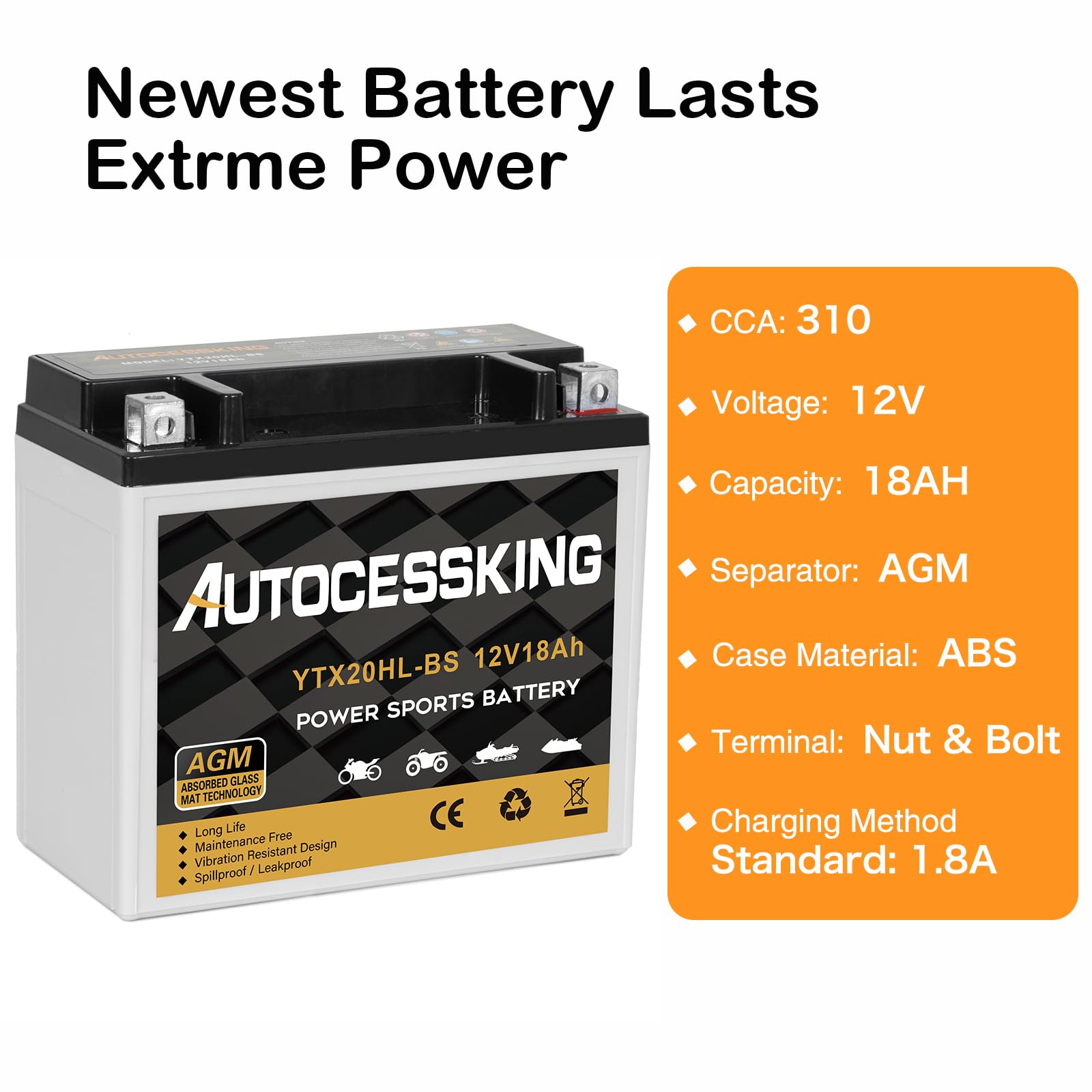 Autocessking Ytx20Hl-Bs Motorcycle Battery, 12V 18Ah Rechargeable Maintenance Free Sealed Agm Battery Powersport Replacement Bat