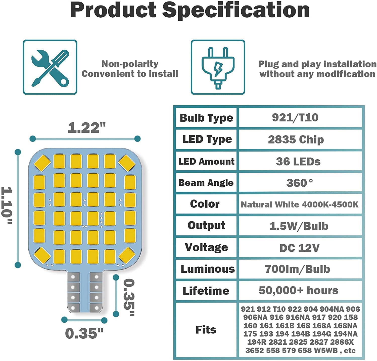 10Pcs T10 921 922 912 194 Rv Interior Led Light Bulbs, Super Bright Led Bulbs Replacement Lighting 36-Smd 2835 4500K Natural Whi