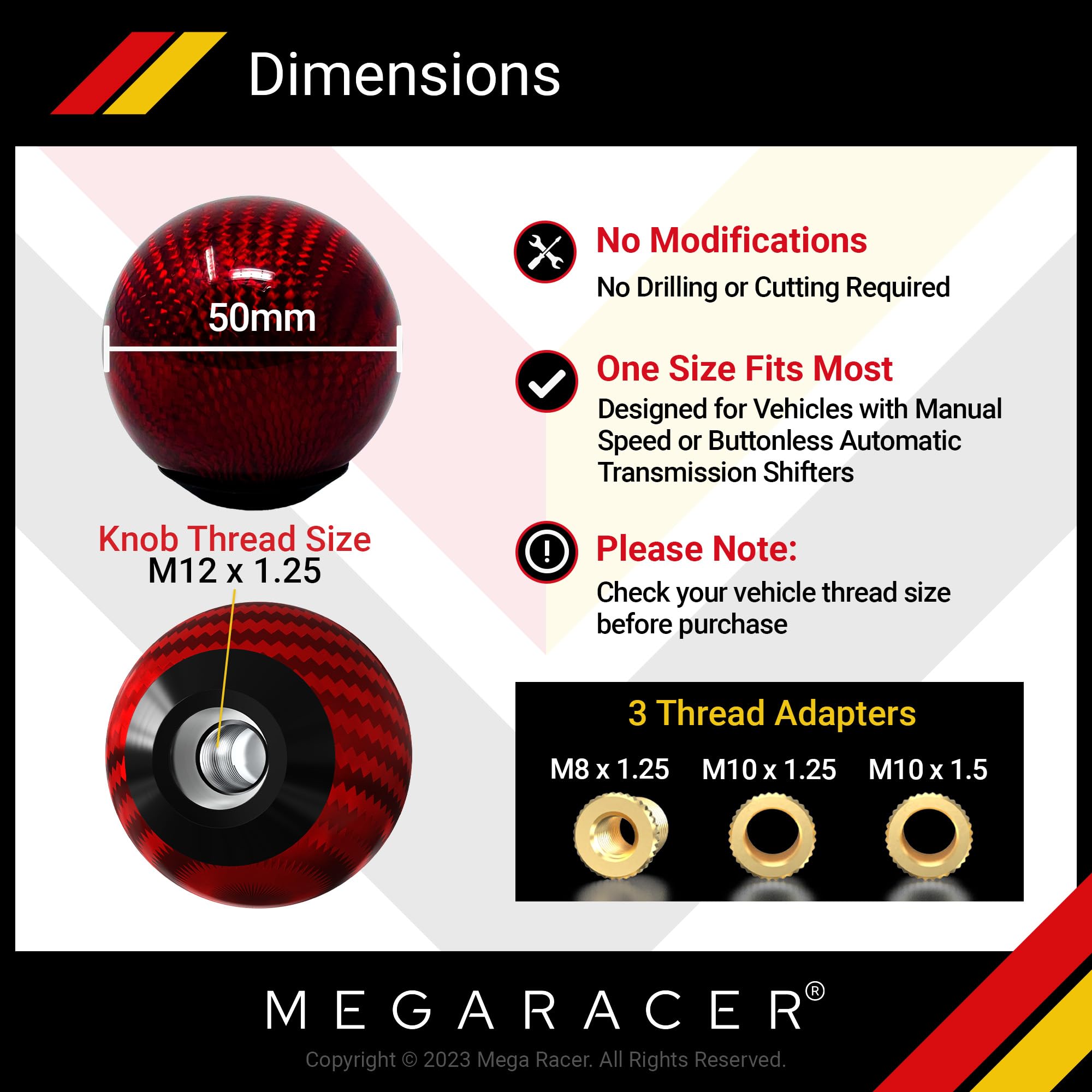 Mega Racer Ball Red Carbon Fiber Shift Knob | Buttonless Automatic Manual Stick Shift Knobs | Gear Shift Knob Manual Shifter Kno