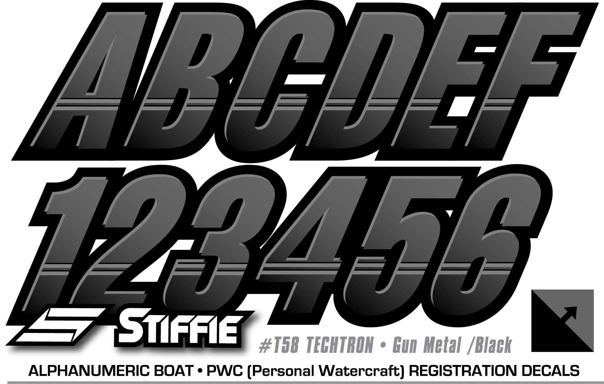 Stiffie Techtron Gunmetal/Black 3'' Boat & Pwc Registration Decals  Numbers Letters Stickers
