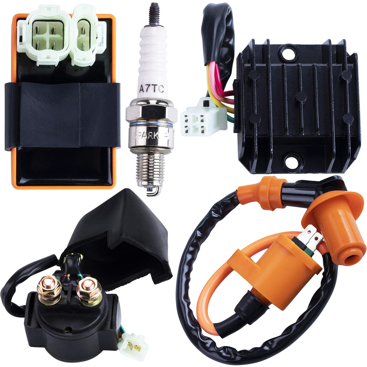 CNCMOTOK High Performance Racing GY6 Ignition Coil Voltage Regulator Rectifier Solenoid Relay 6 Pin AC CDI Spark Plug Kit for 50