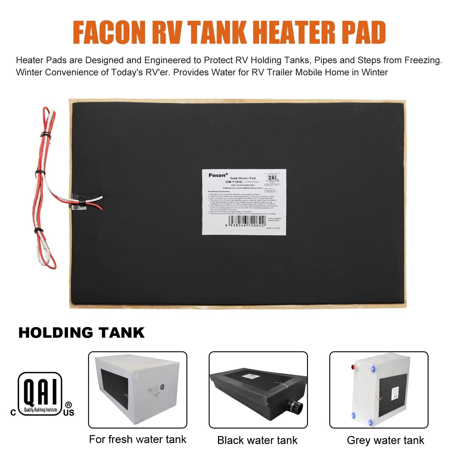 Facon Cw-T1218, 12'' X 18'' Rv Tank Heater Pad With Automatic Thermostat Control, Use With Up To 50 Gallons Fresh Water/Grey Wat
