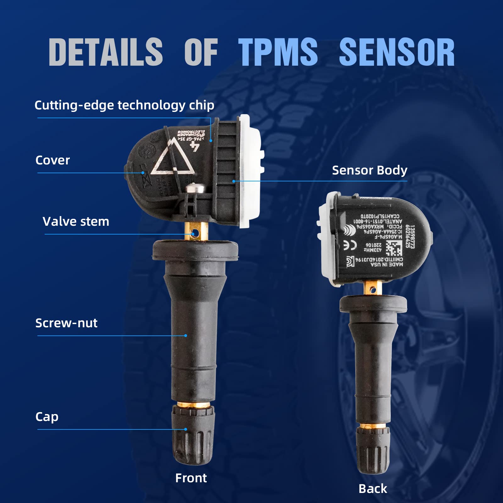MACAX 433MHz 4Pcs Tire Pressure Monitoring System Sensor (TPMS) Snap-in Replacement for 13598773 13589601 13540602 13589256