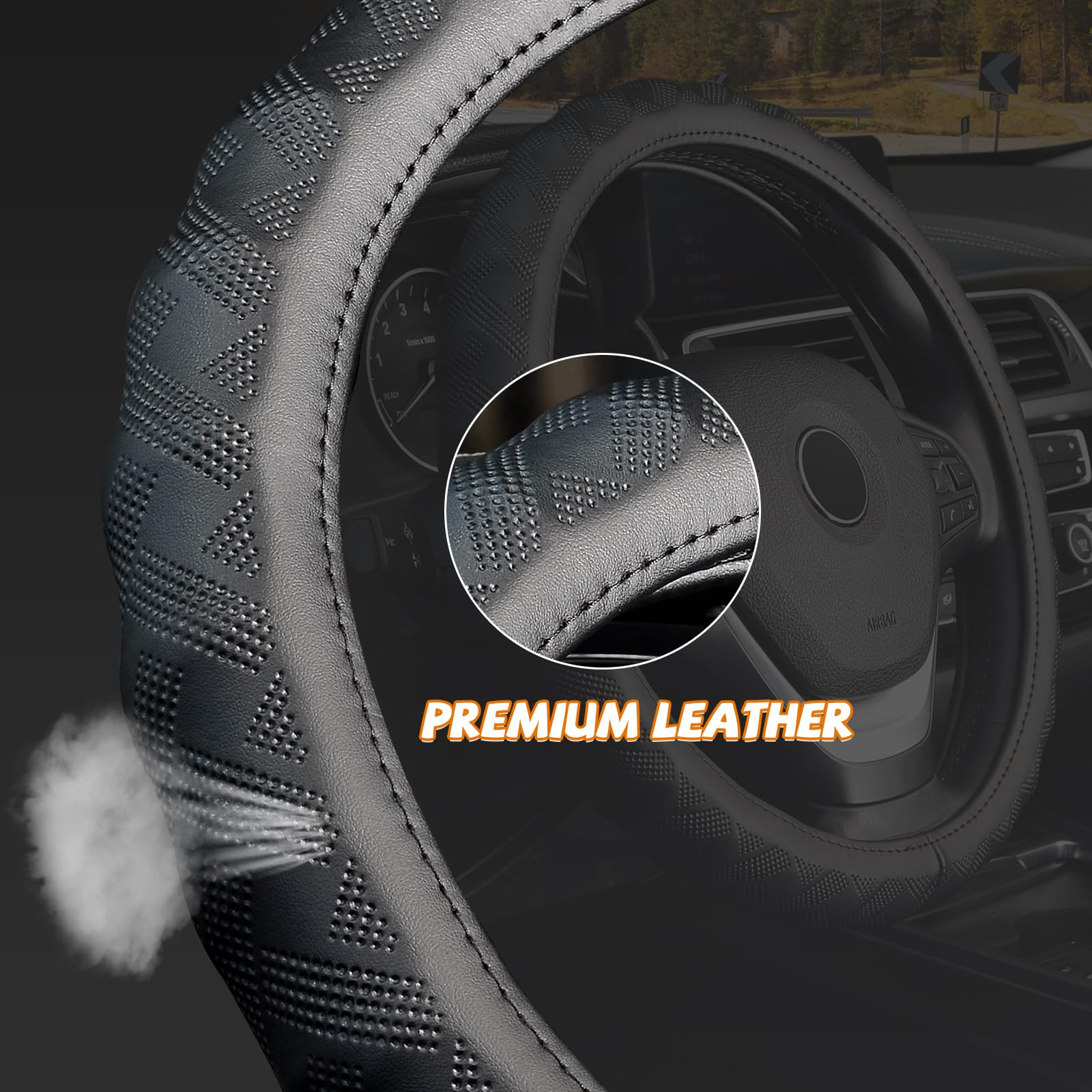 Kafeek Steering Wheel Cover, Universal 15 Inch, Microfiber Leather, Bamboo Weave Style,Breathable Non-Slip,Black