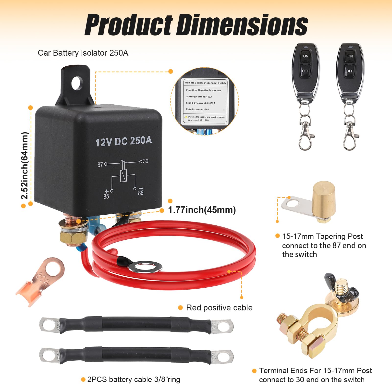 2G 250A Remote Battery Disconnect Switch & 5 Awg Battery Cables, Dc12V Top Post Negative Battery Kill Switch For Car Rv Truck Wi