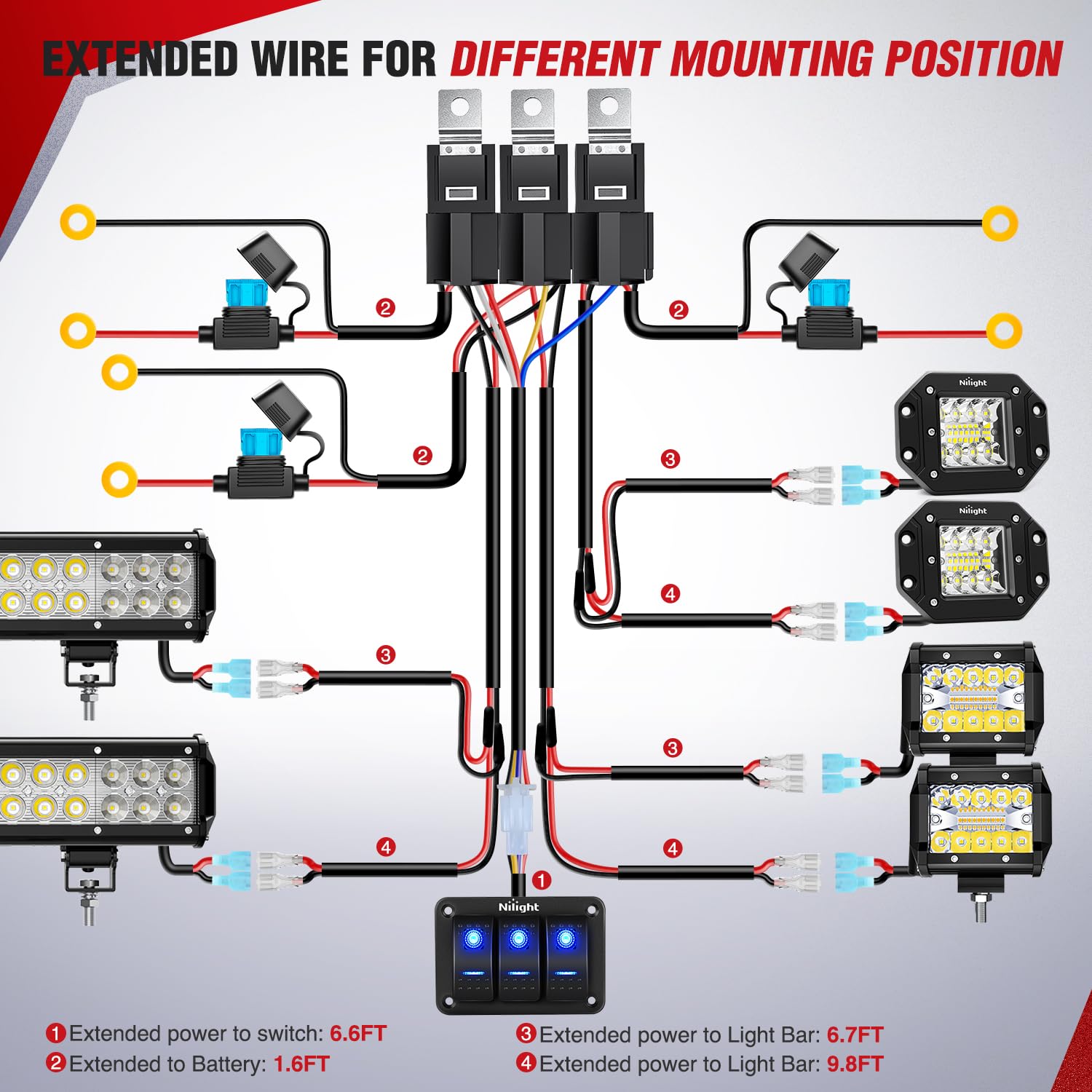 Nilight 16AWG LED Light Bar Wiring Harness Kit 12V On/Off 3 Gang LED Pod Lights Rocker Switch Panel Power Relay Fuse 5Pin Toggle