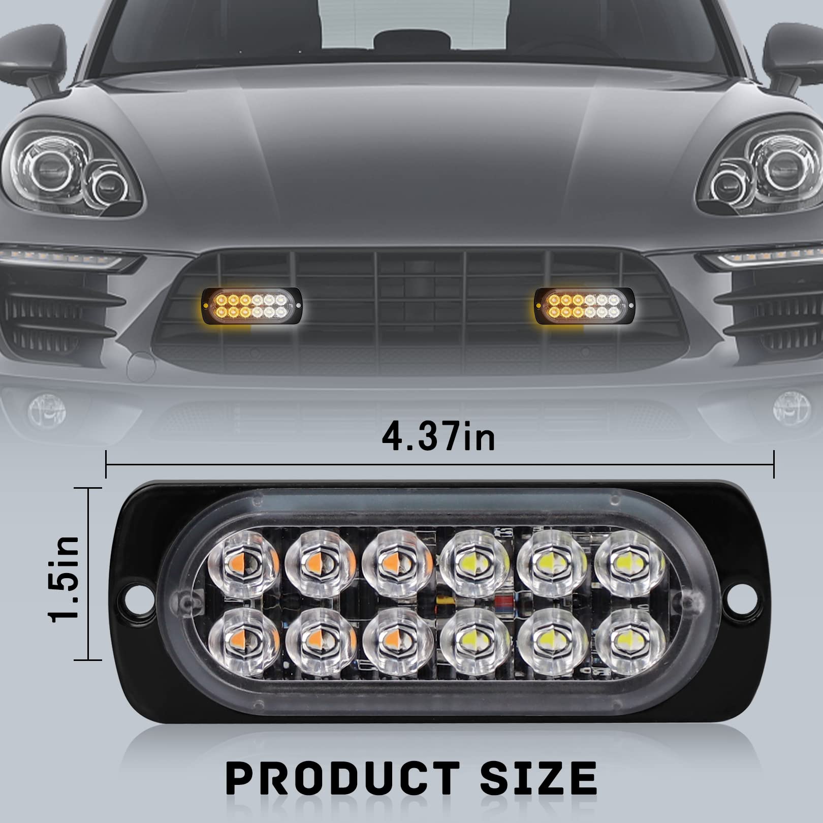 4-Pack 12 Led Amber Strobe Lights Vehicles Trucks Emergency Strobe Lights Kit 12V -24V Warning Hazard Flash Strobe Lights Bar Gr