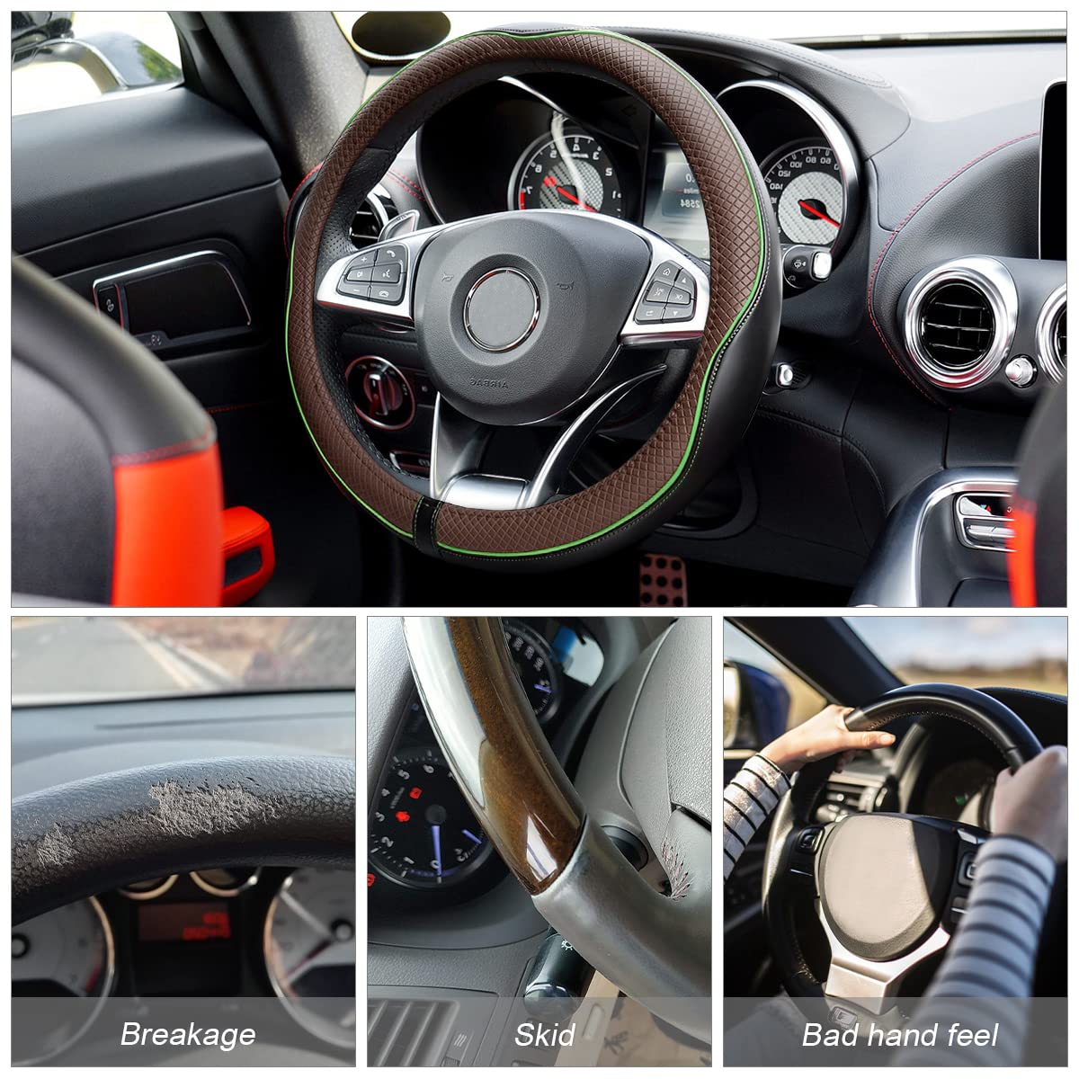 Leather Steering Wheel Cover, Soft Breathable Anti-Slip Protector For Car, Truck, Suv - Universal Fit 15 Inch For Women And Men