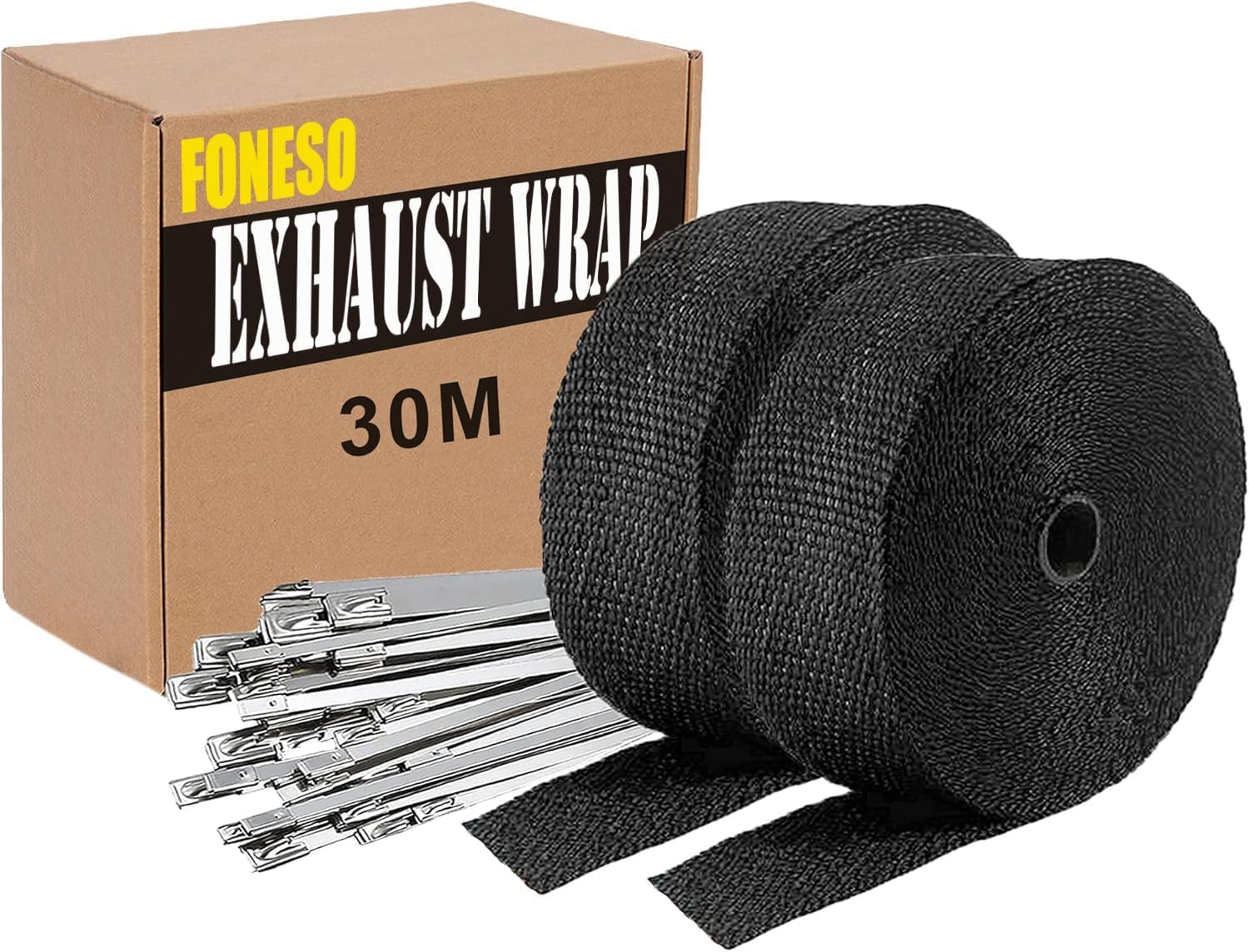 Foneso 2 Rolls 2 '' x 50 ' Black Exhaust Heat Wrap Roll for Motorcycle Fiberglass Heat Shield Tape with Stainless Ties with 24 T