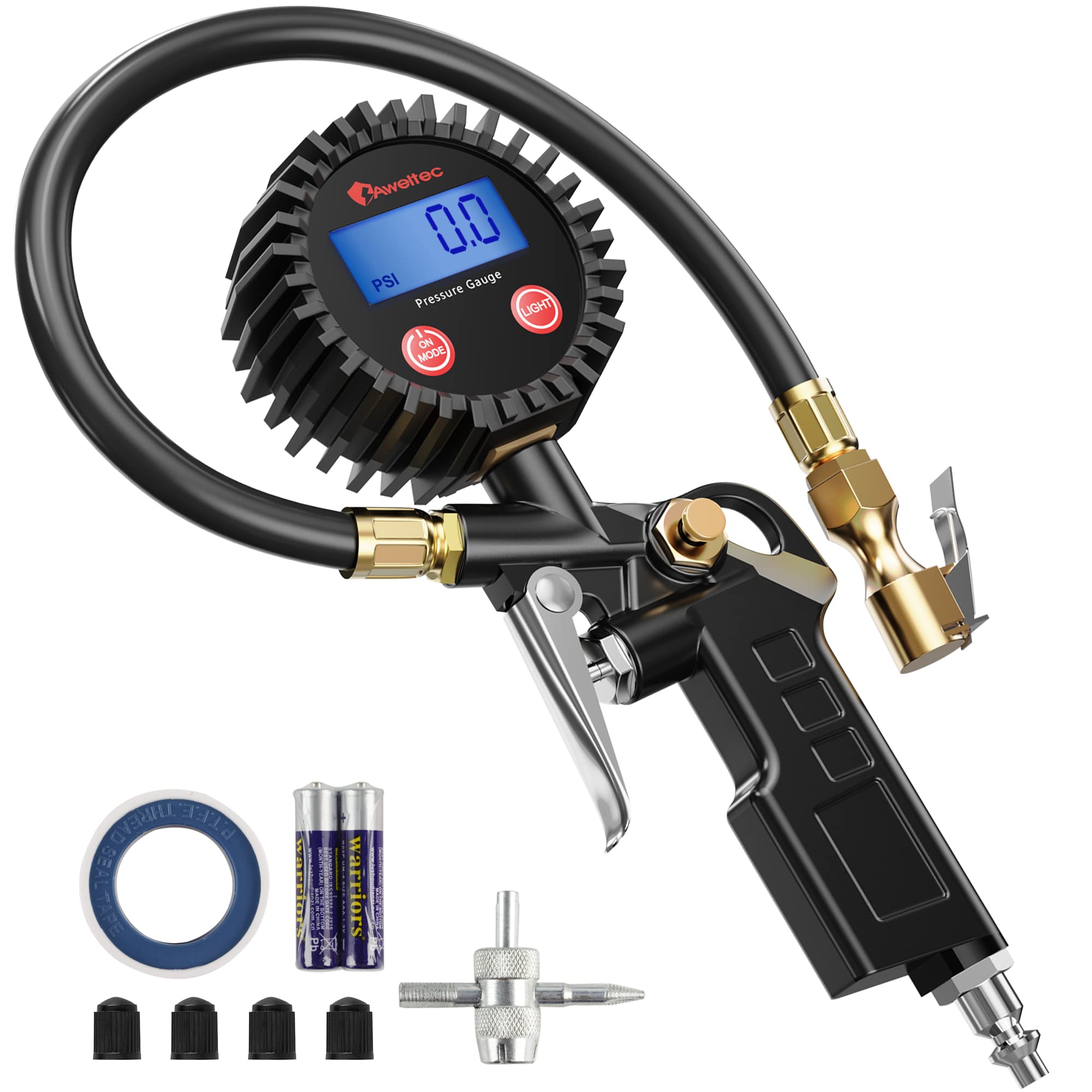 AWELTEC Digital Tire Inflator with Pressure Gauge, 250 PSI Air Chuck and Compressor Accessories Heavy Duty with Rubber Hose and 