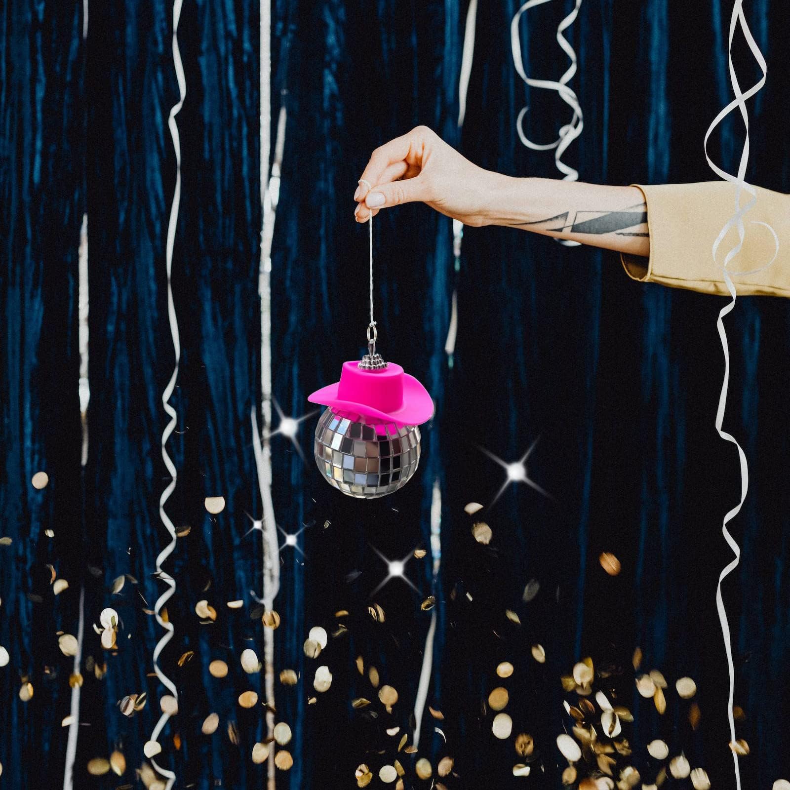 Spansee 2 Pcs Pink Disco Ball Cowboy Hat Car Accessory, Ball, Charm, Accessories For Women, Mini Car, Mirror Ornament