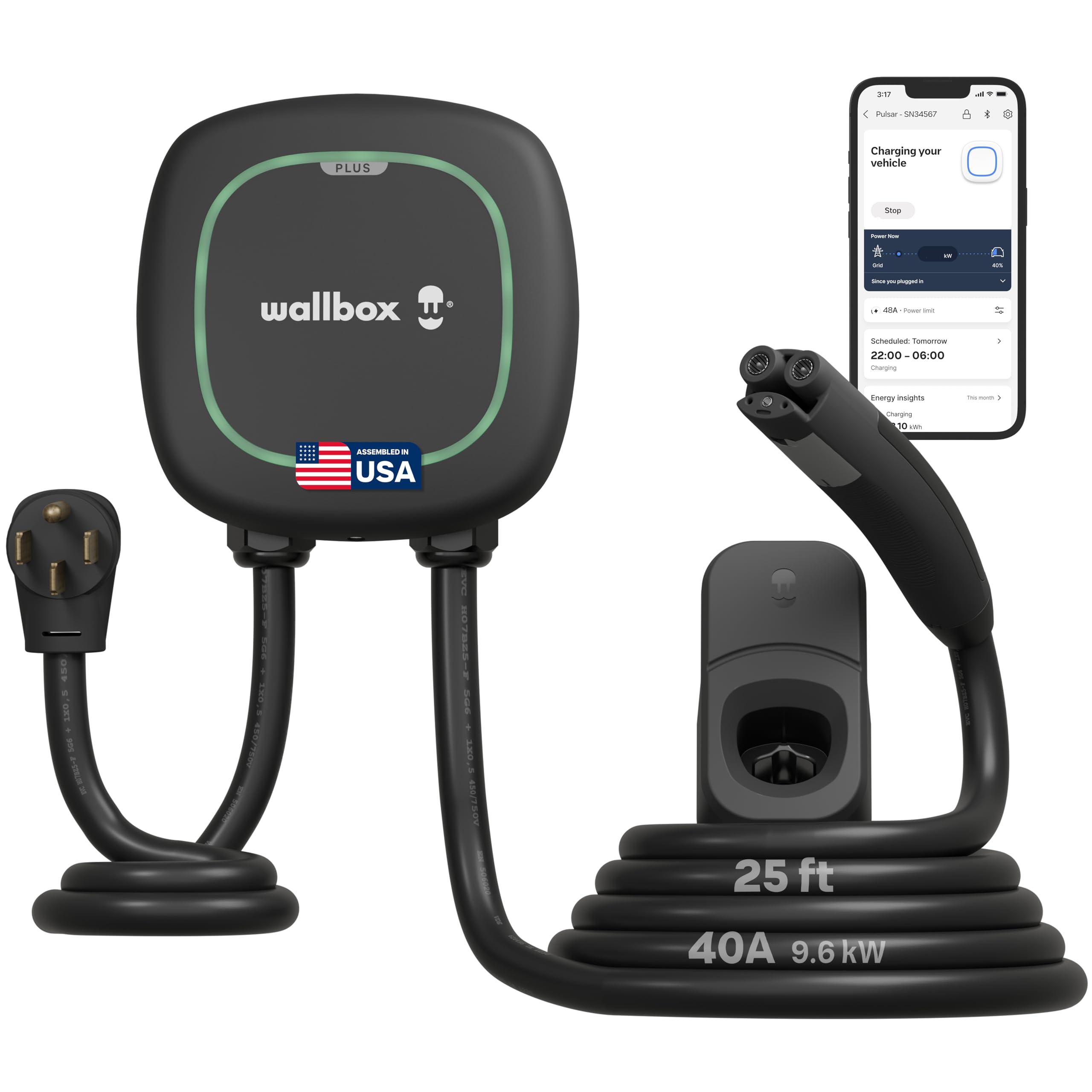 Wallbox Pulsar Plus Level 2 EV Charger 40 Amp - 9.6kW 240V Wall Home EV Charger - NACS for Tesla 25ft Cable with NEMA 14-50 - Ou