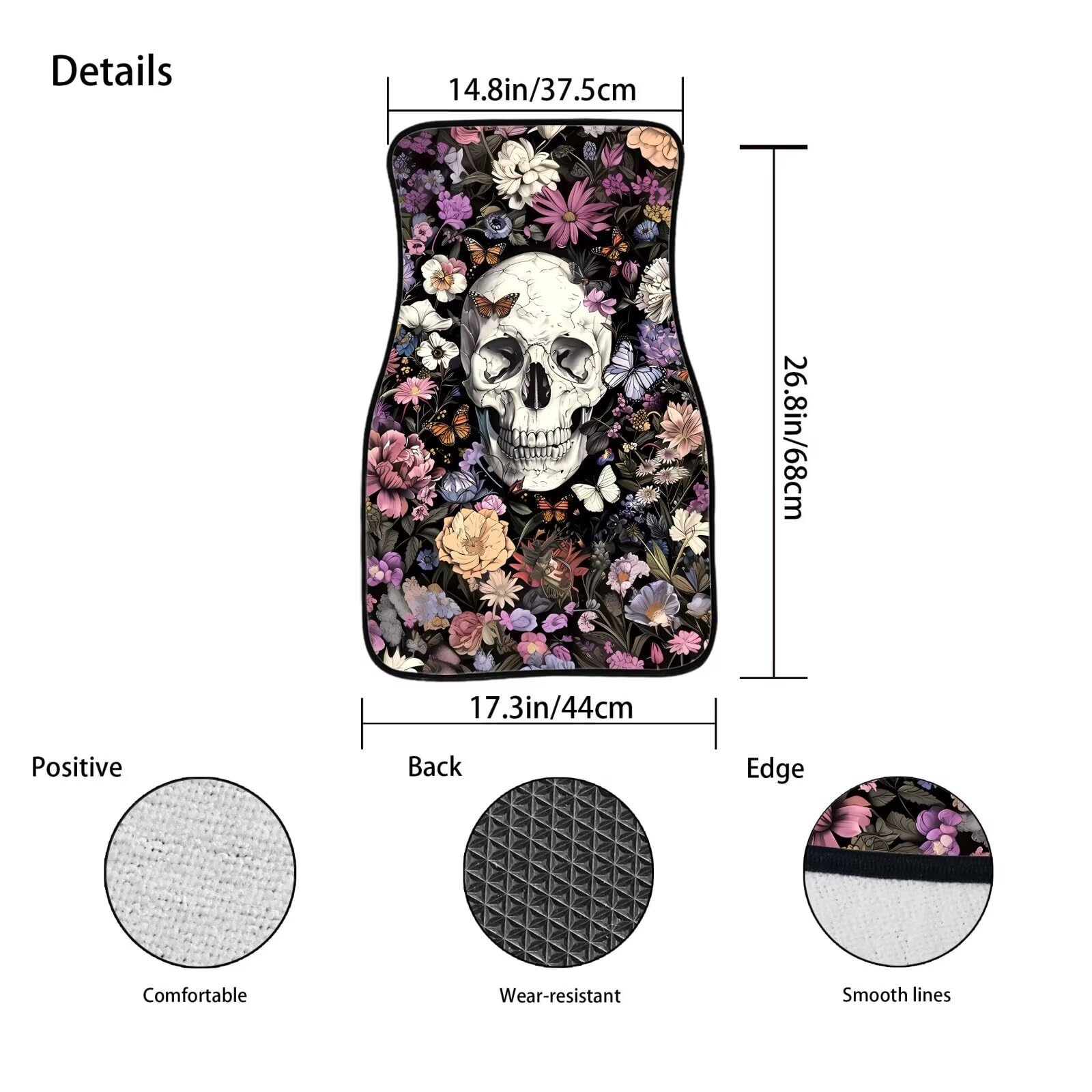 ELEQIN Flower Skull Floor Mats - Easy Clean, Heavy Duty Protection for Car, Sedan, Truck, SUV - Universal Fit