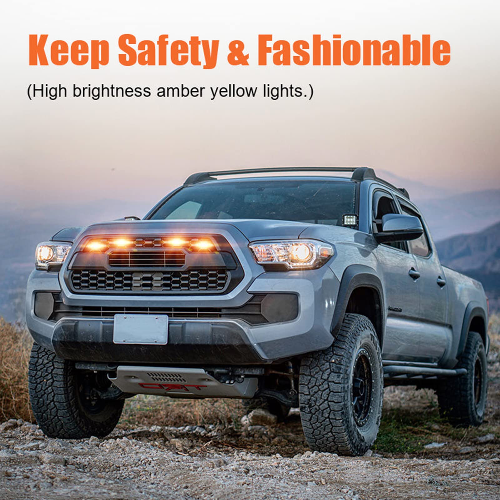 Led Grill Lights For 2016-2022 Aftermarket Toyota Tacoma Trd Pro Grille With Harness & Fuse(Amber Light With Amber Housing)