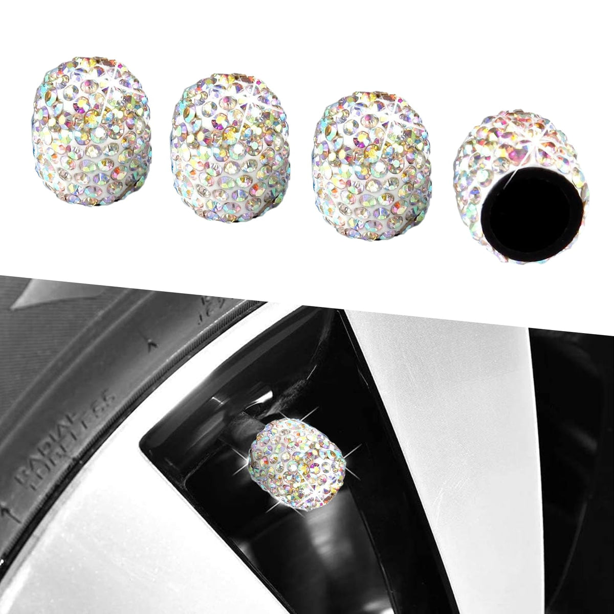 Kewucn Bling Car Tire Valve Stem Caps, 4 Pack Handmade Sparkling Crystal Rhinestone Stem Covers, Dustproof Wheel Tire Valve Caps