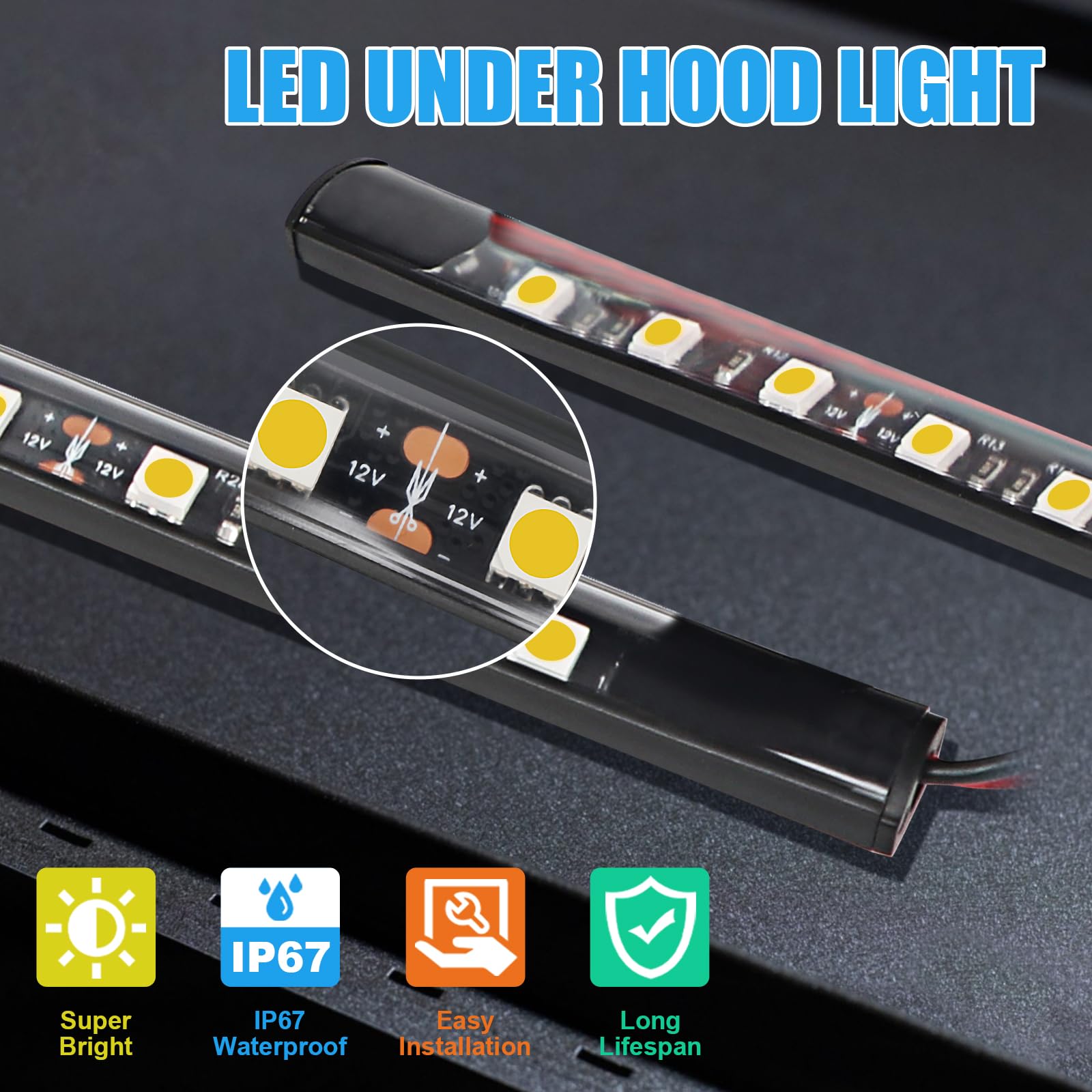 Greceyou Under Hood Led Light Kit, Waterproof 12V Car Led Lights Bars Car Hood Work Inspection Lights Underhood Work Light Kit W